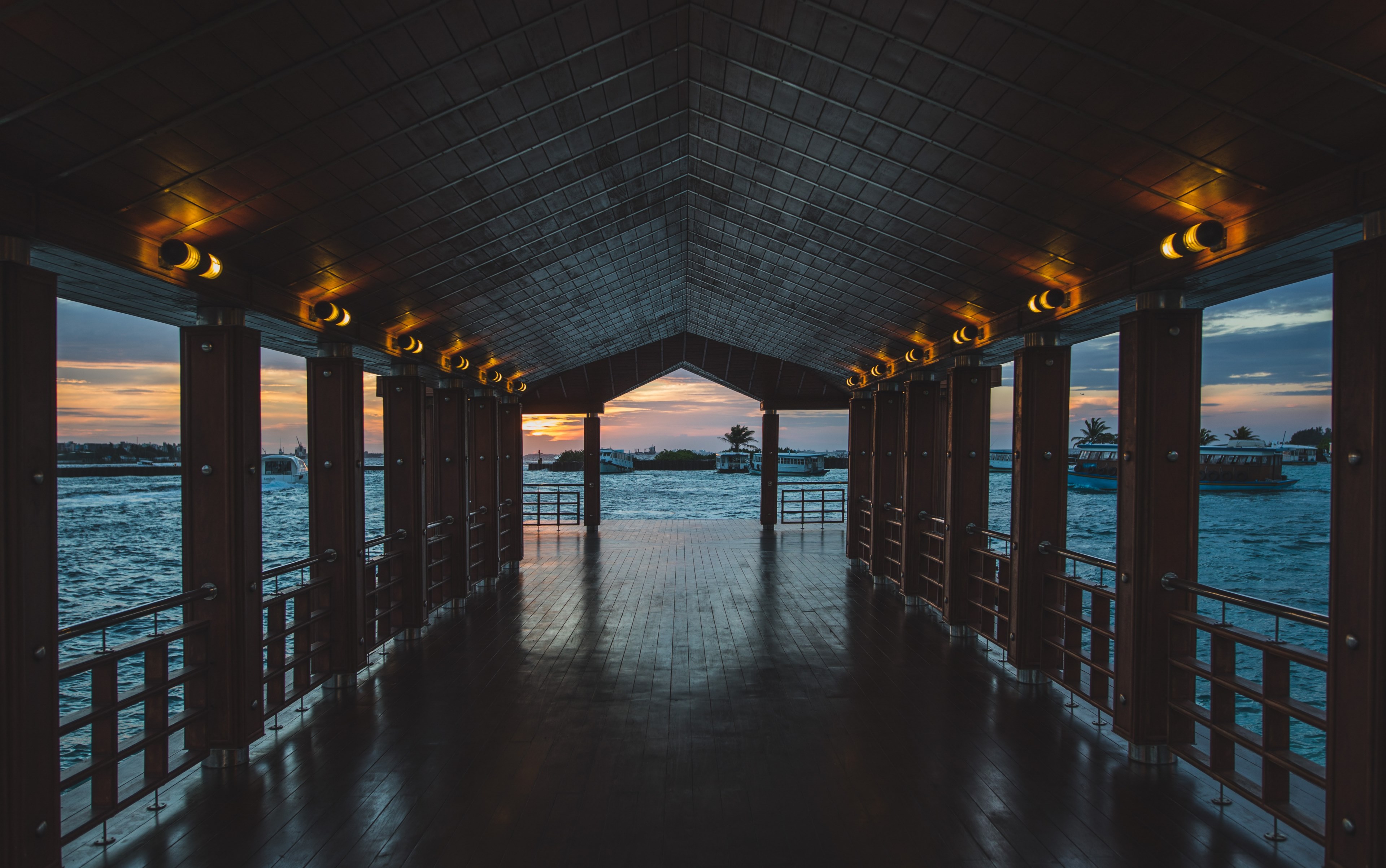 wooden floor pier with a roof at the sunset, wooden floor pier 4k, HD Wallpaper
