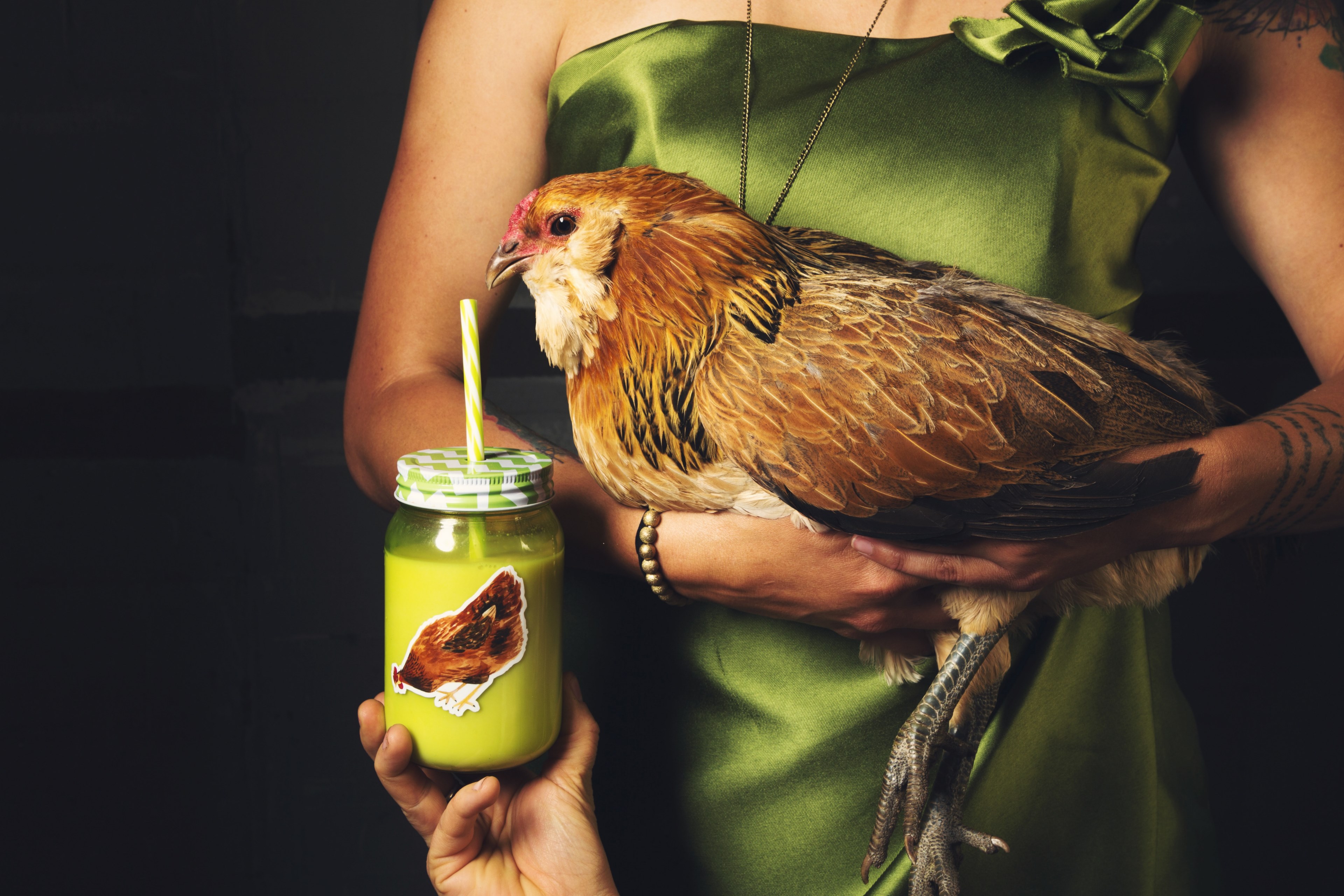 a person holding a green beverage in a jar in front of a large chicken in a womans arms, eagle the chicken 4k, HD Wallpaper