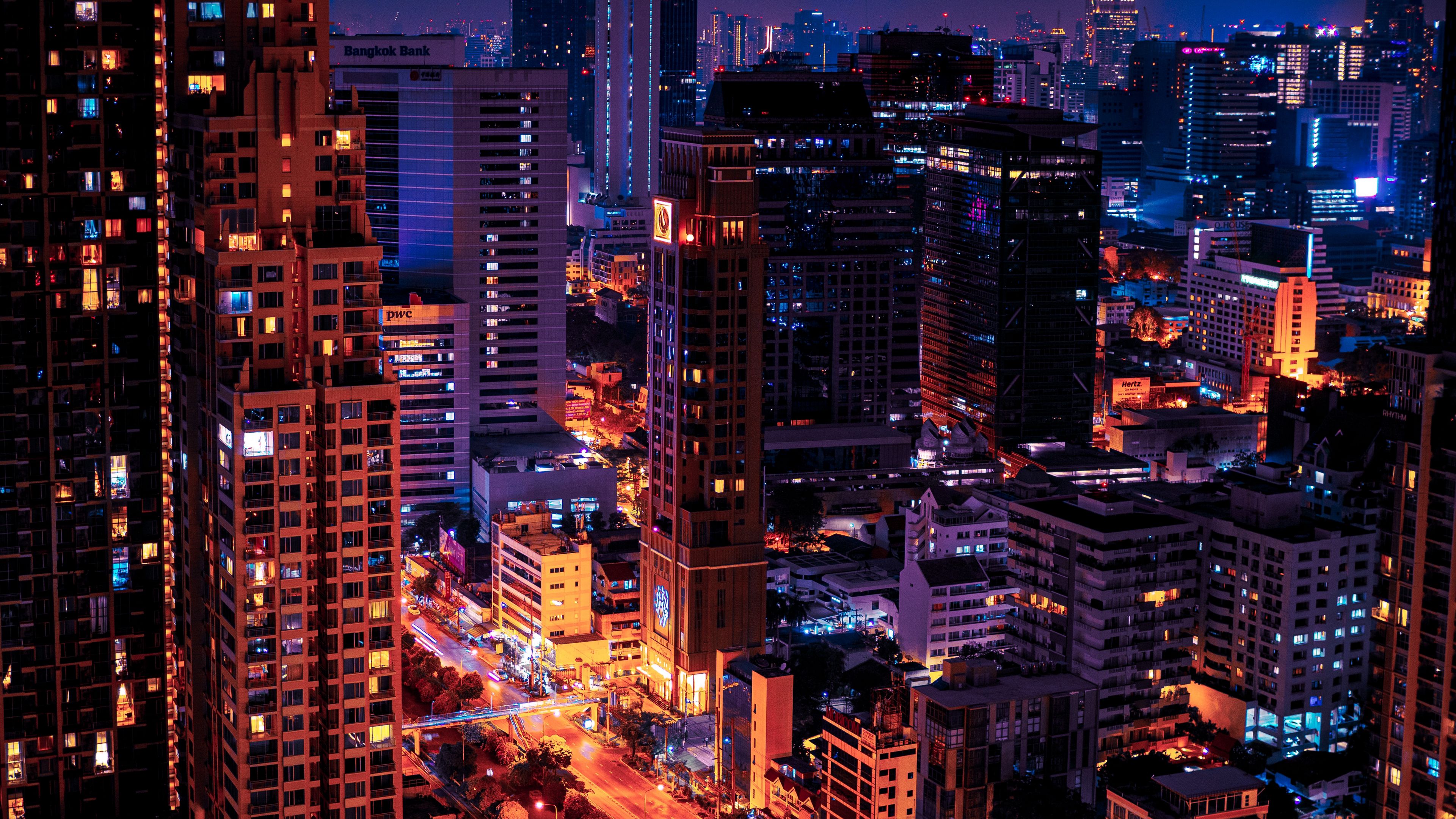 night city, glow, lights, dark, 4k, HD Wallpaper