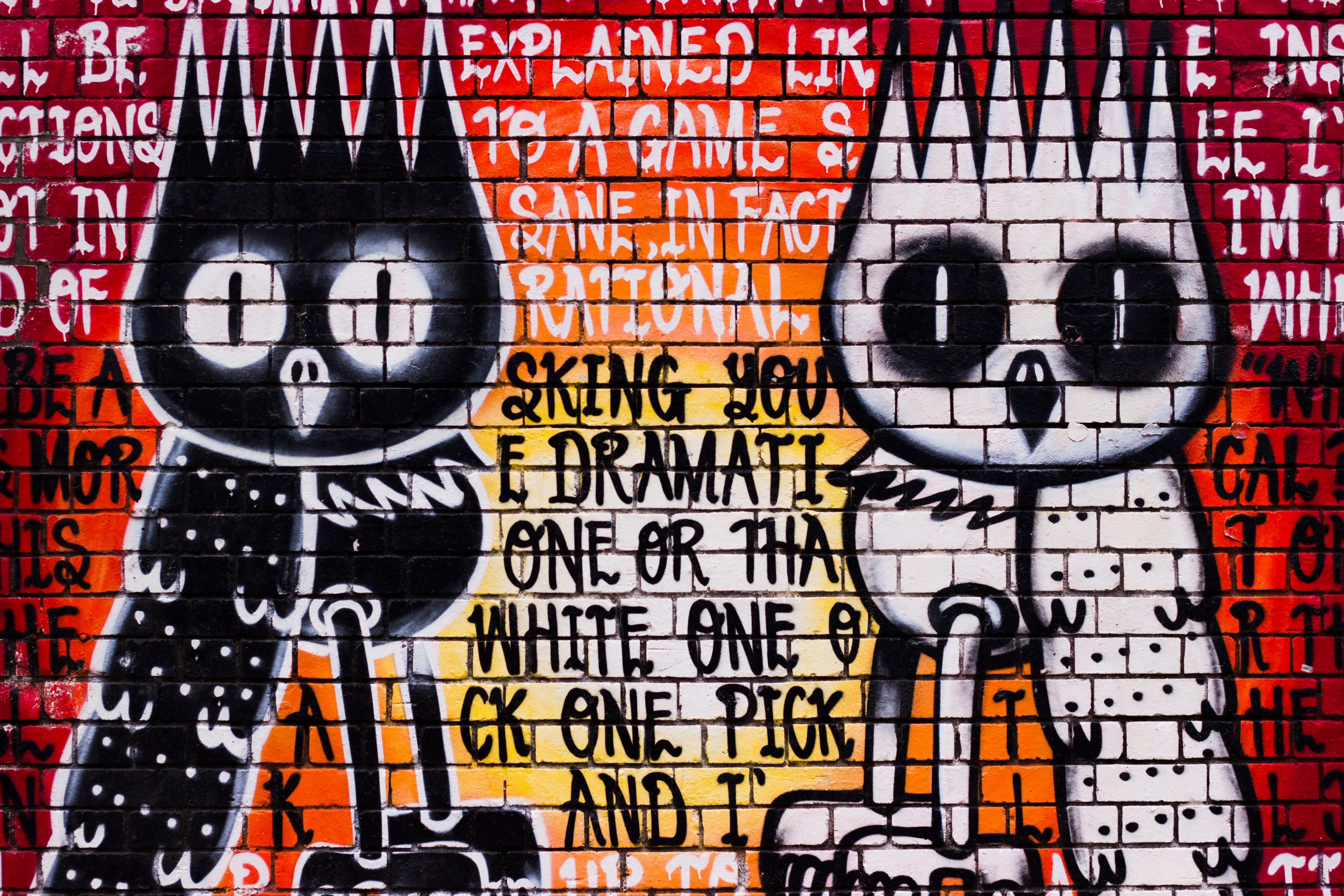 weird birds painted on a wall, _teeth shaped bird heads mural 4k, HD Wallpaper