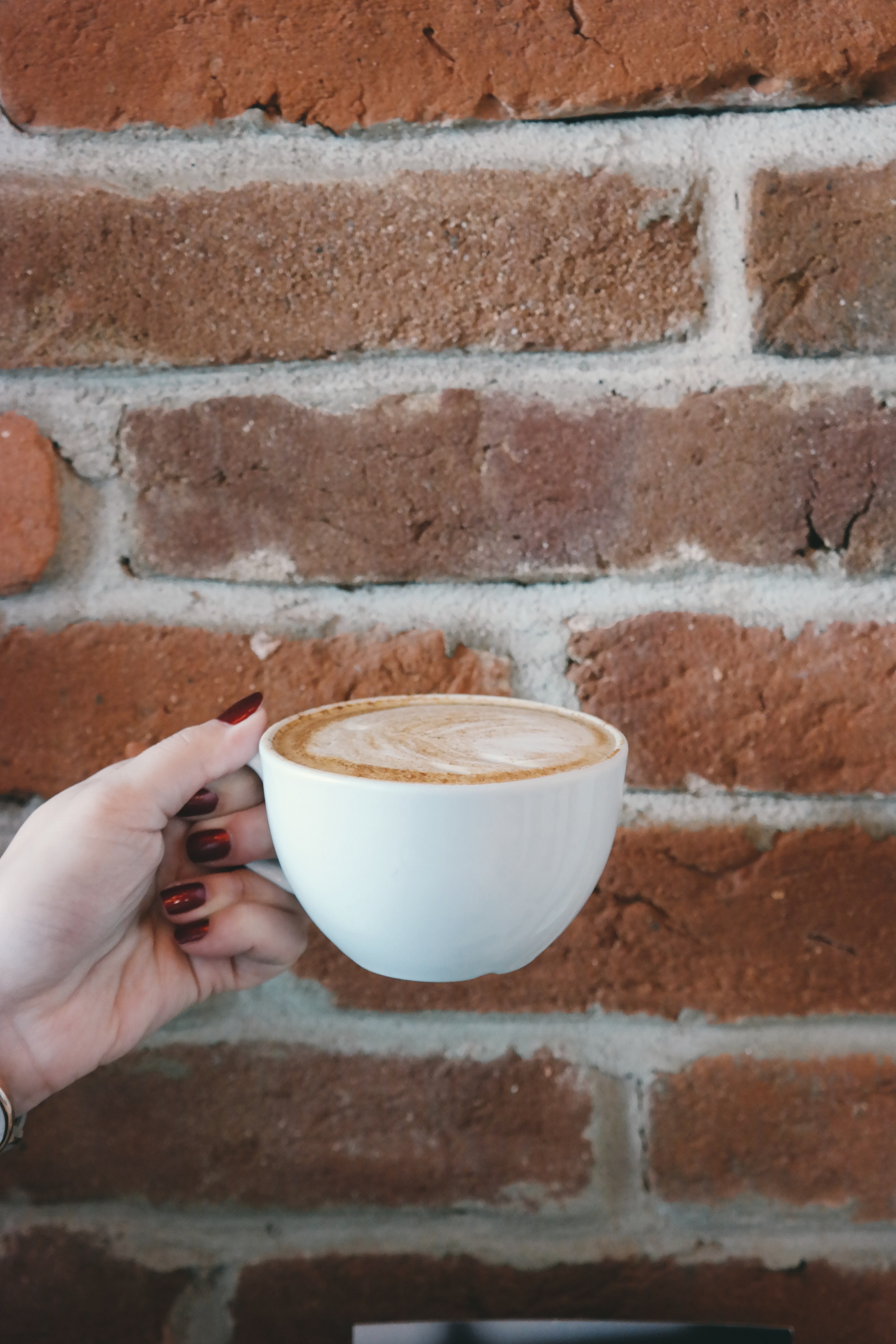 background brick white cup red nail and holding hd, 4k, Phone HD Wallpaper