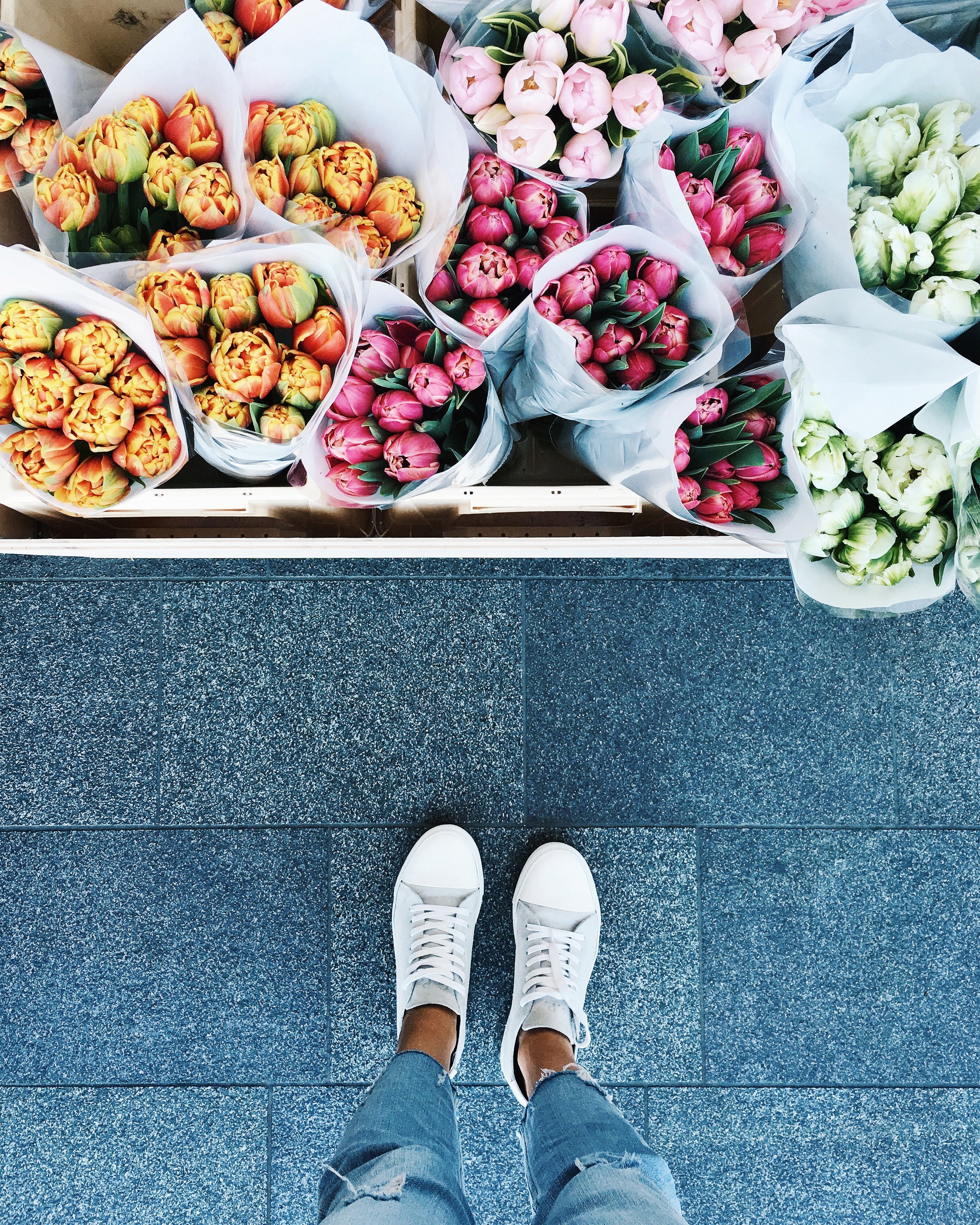 a person looking down at various flower bouquets, _smell of spring 4k, Phone HD Wallpaper