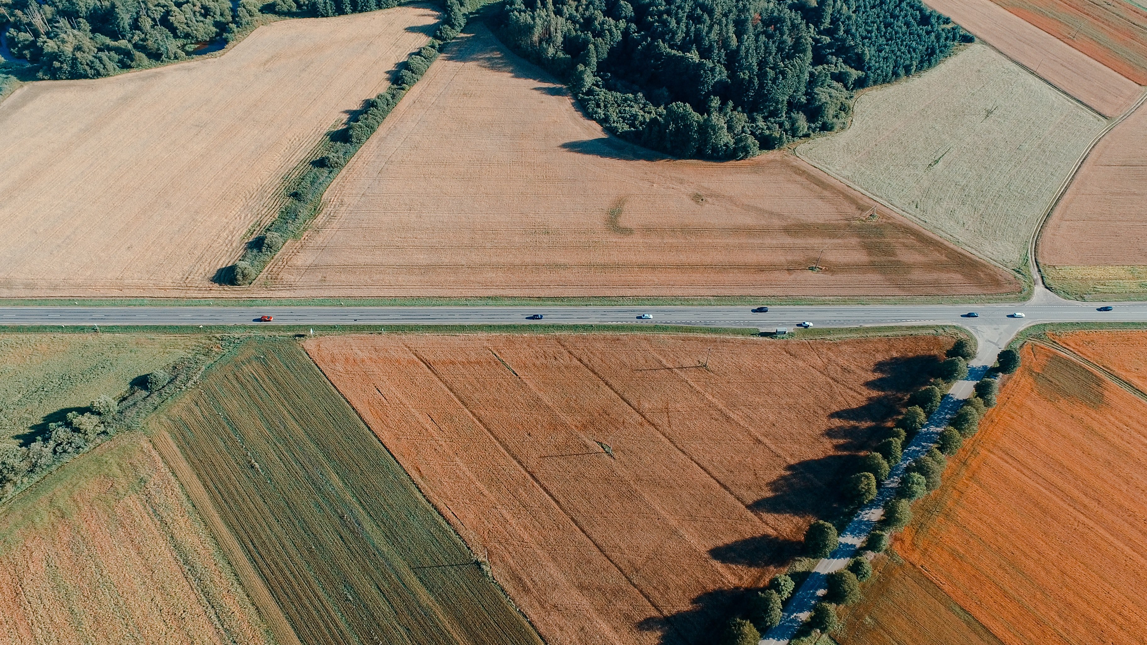 aerial aerial view country road and field 4k, HD Wallpaper