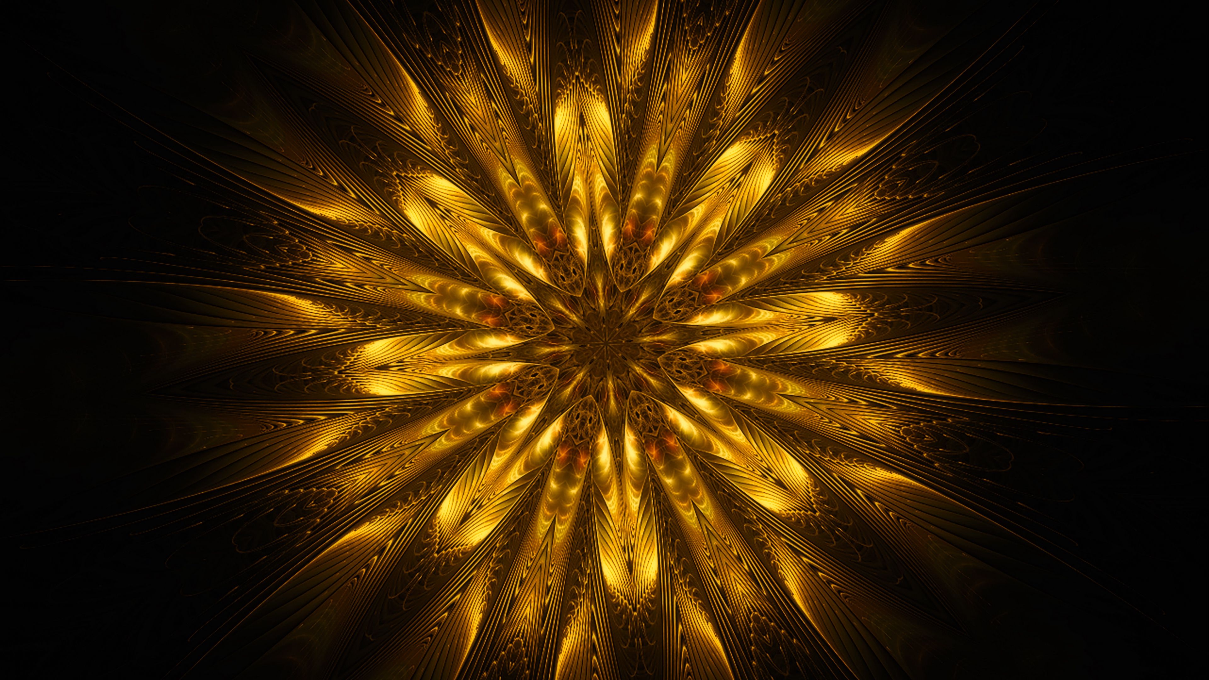 ornament, fractal, patterns, golden, 4k, HD Wallpaper