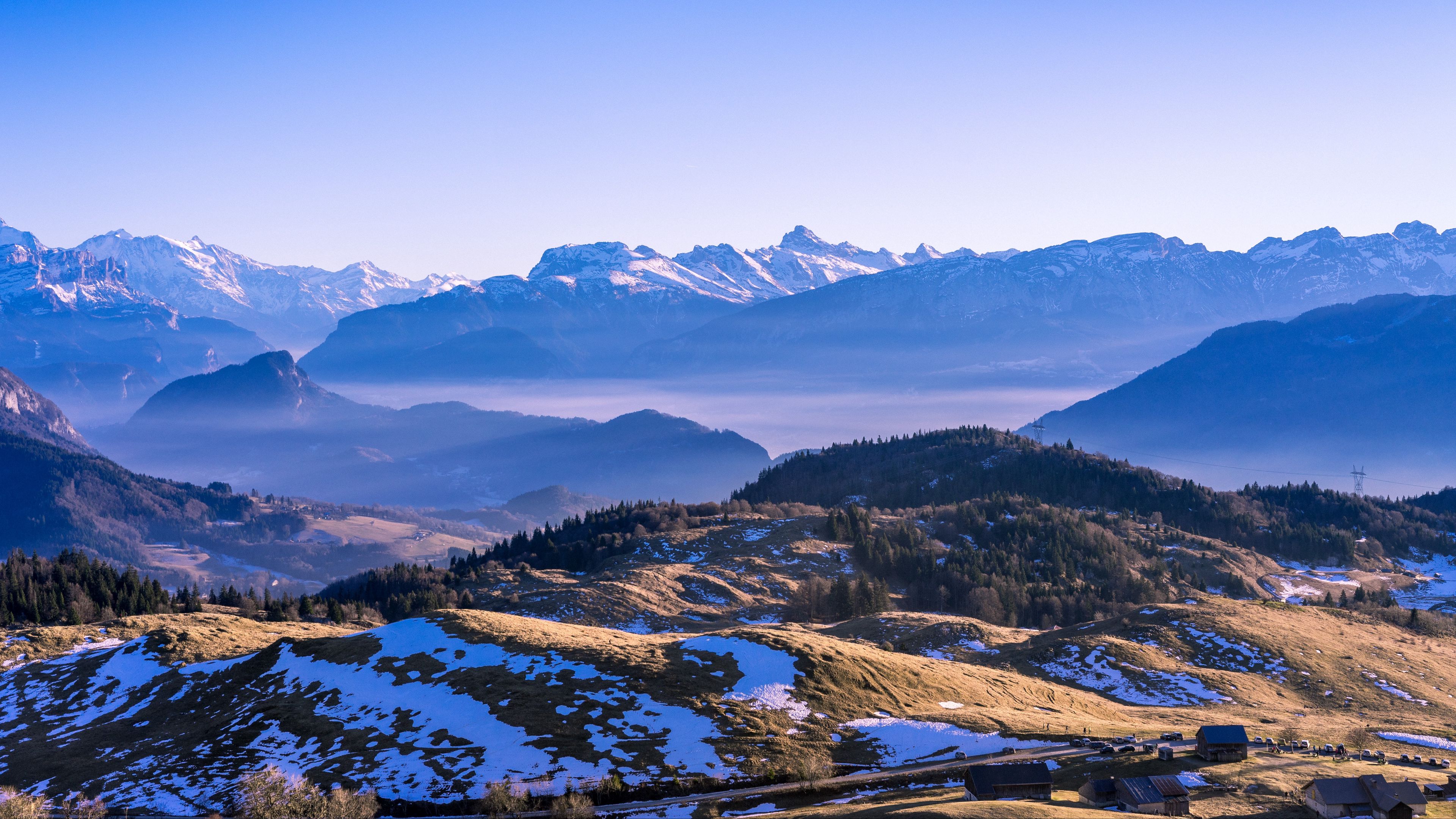 mountains, distance, snow, trees, 4k, HD Wallpaper