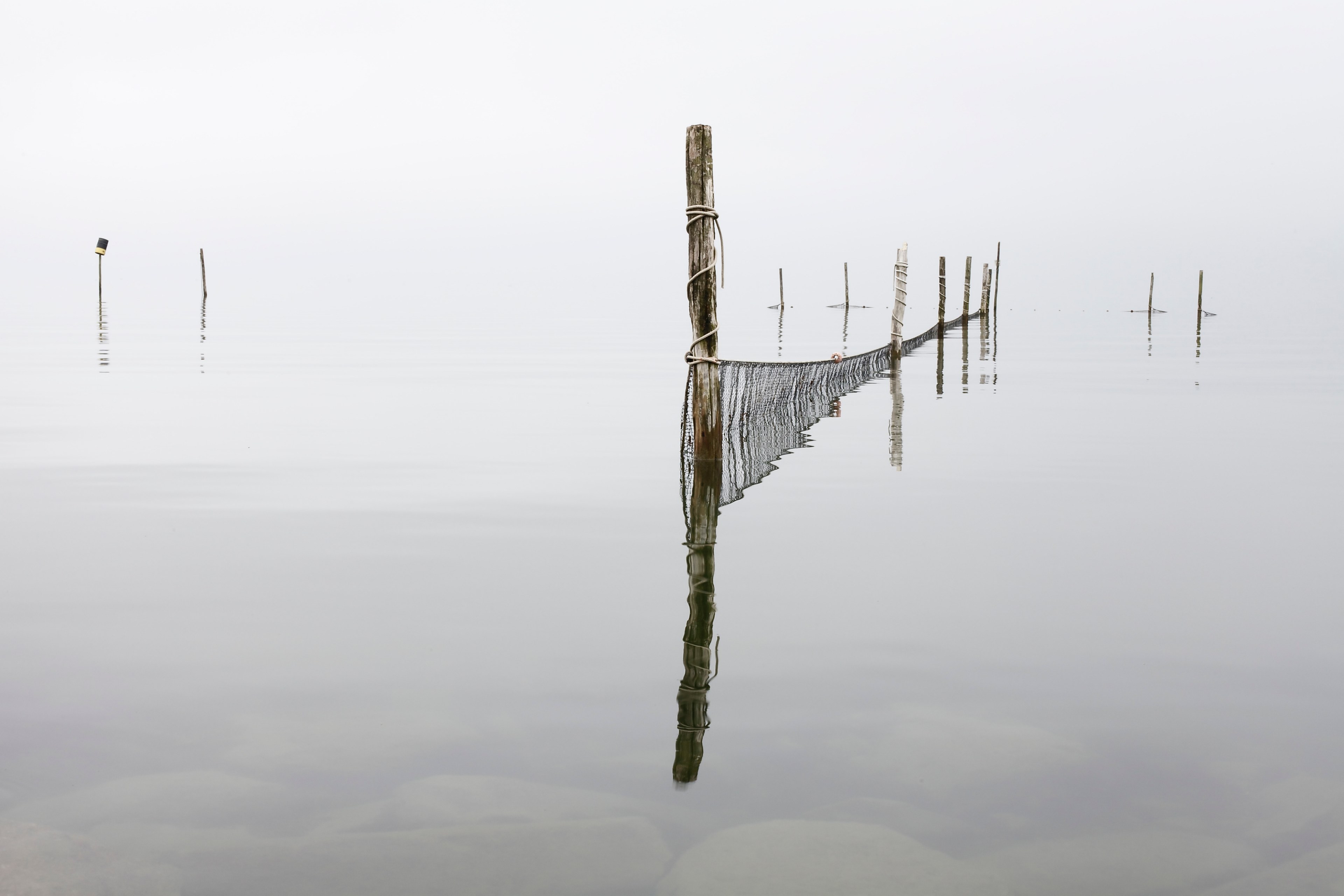 reflections of wooden posts in clear waters on a cloudy day, reflections in the ocean 4k, HD Wallpaper
