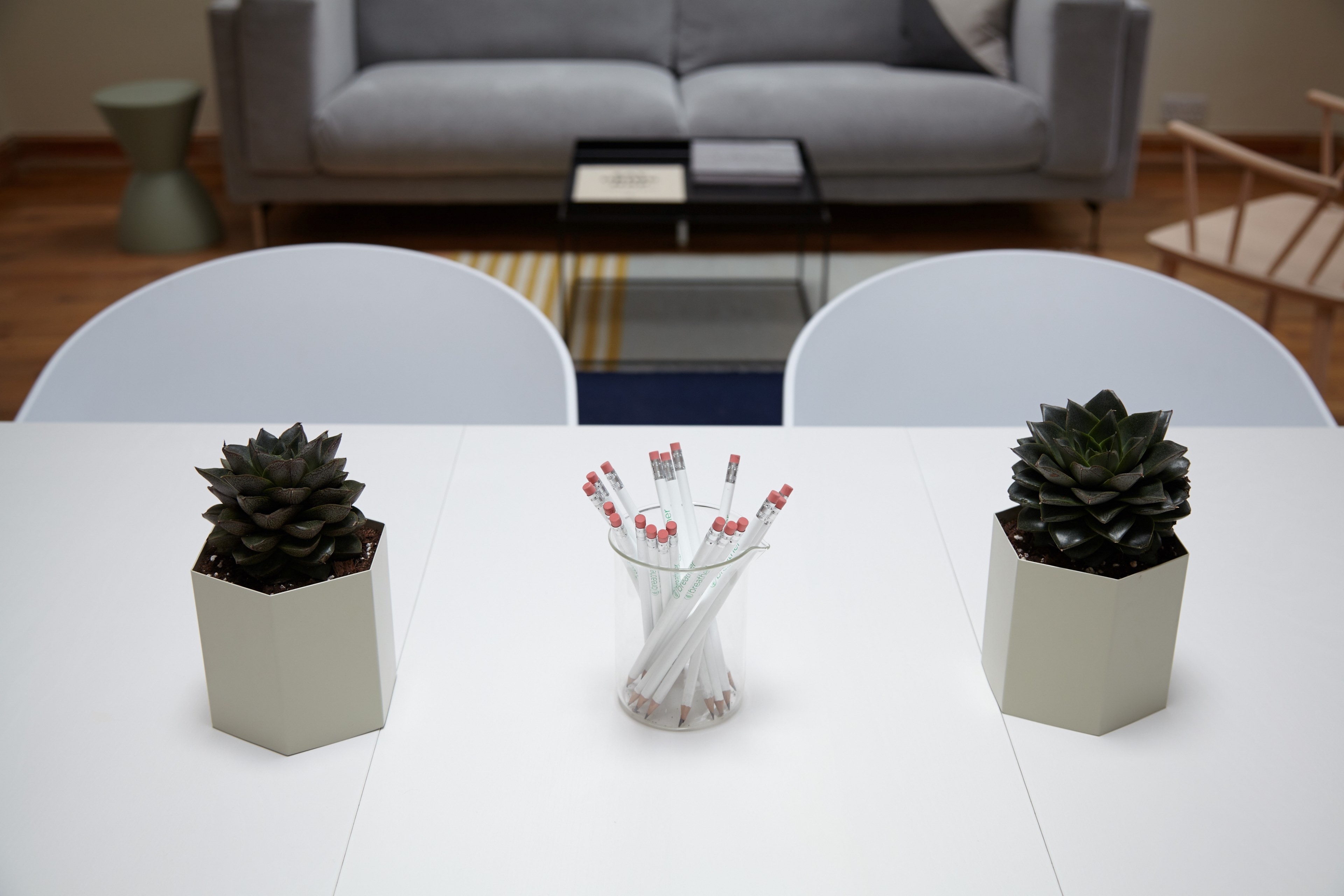a cup full of pencils and two small potted plants on a white table in an office, chairs sofa plants pencils 4k, HD Wallpaper