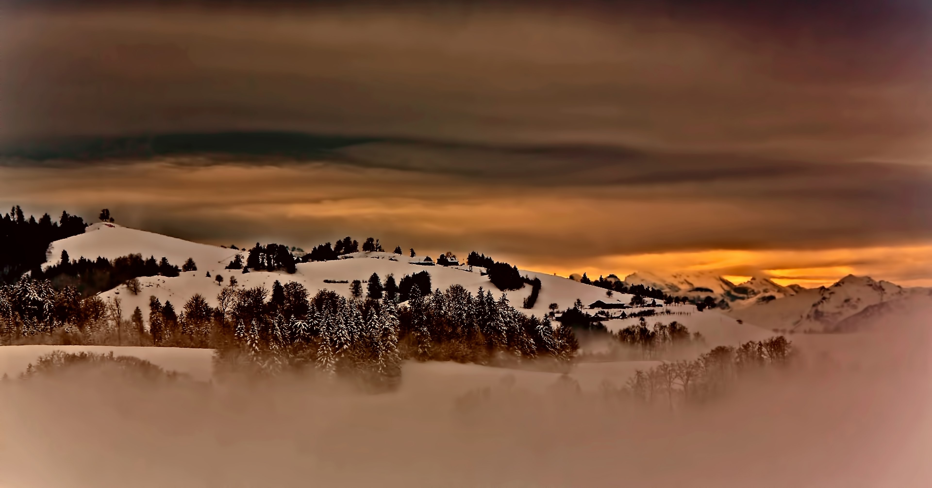 orange sky shines over a snowy hillscape in hirzel, hillscapes in hirzel 4k, HD Wallpaper