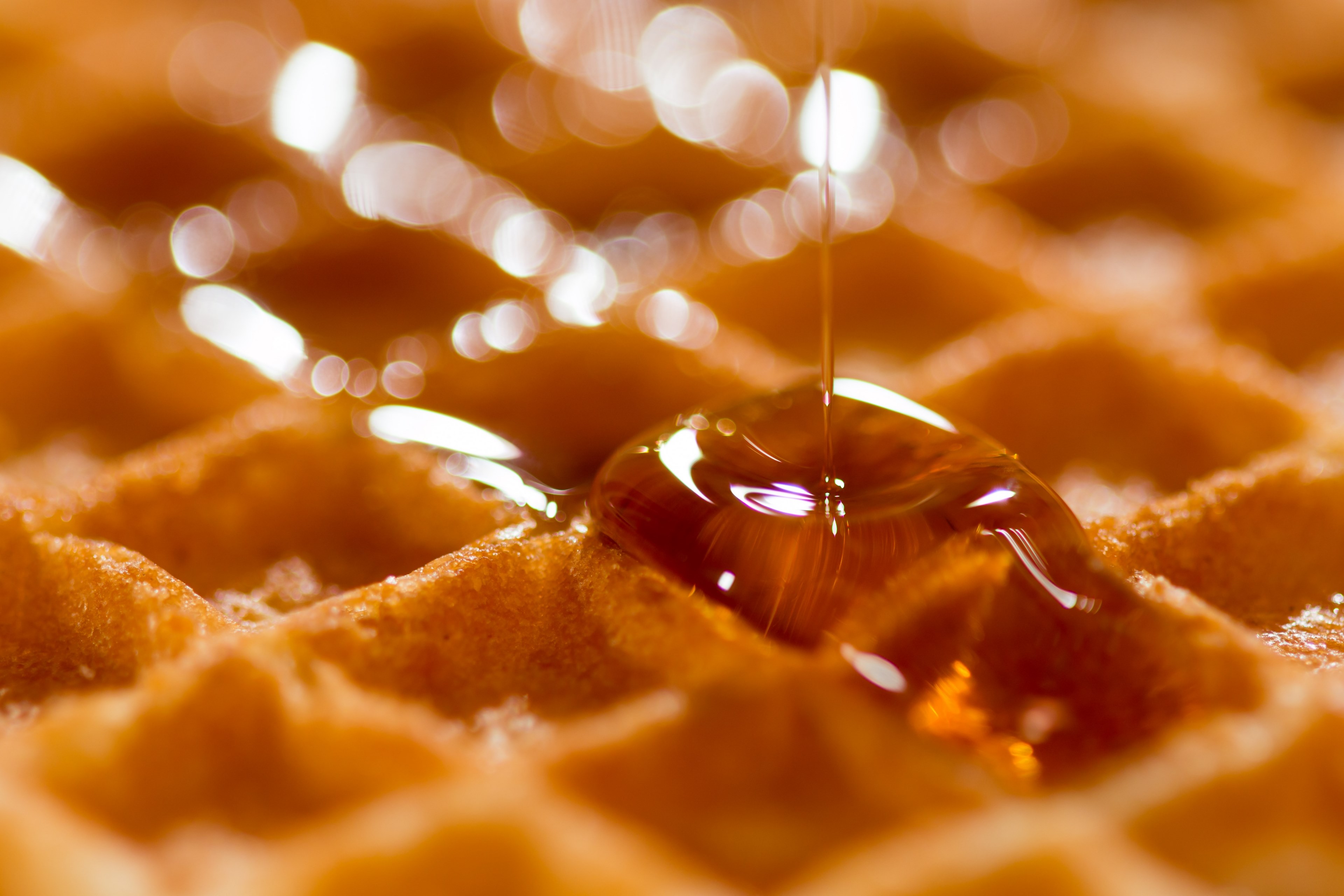 close up of maple syrup dripping on a waffle, waffle with syrup 4k, HD Wallpaper