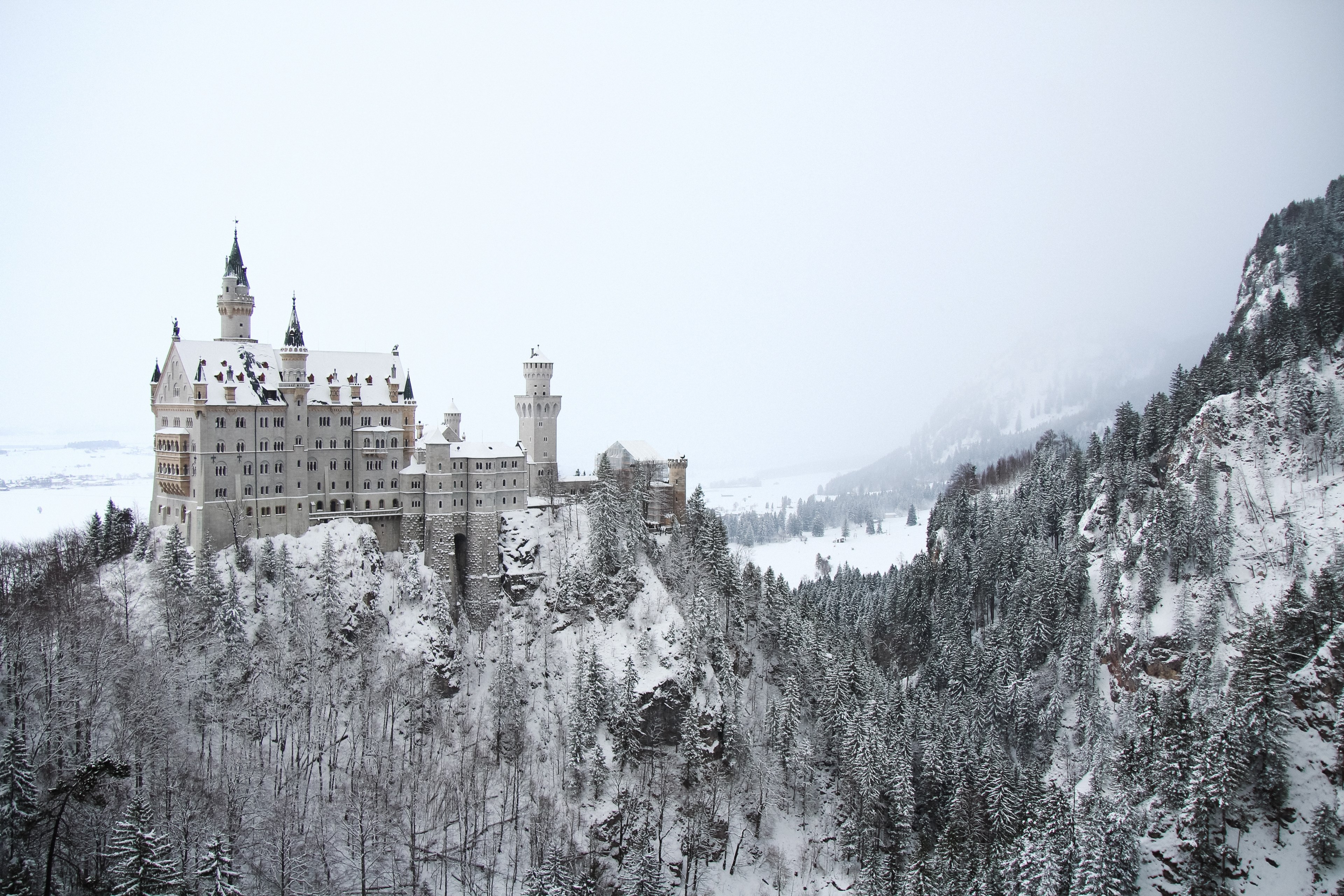 neuschwanstein castle on a snowy hill, neuschwanstein in the middle of winter 4k, HD Wallpaper