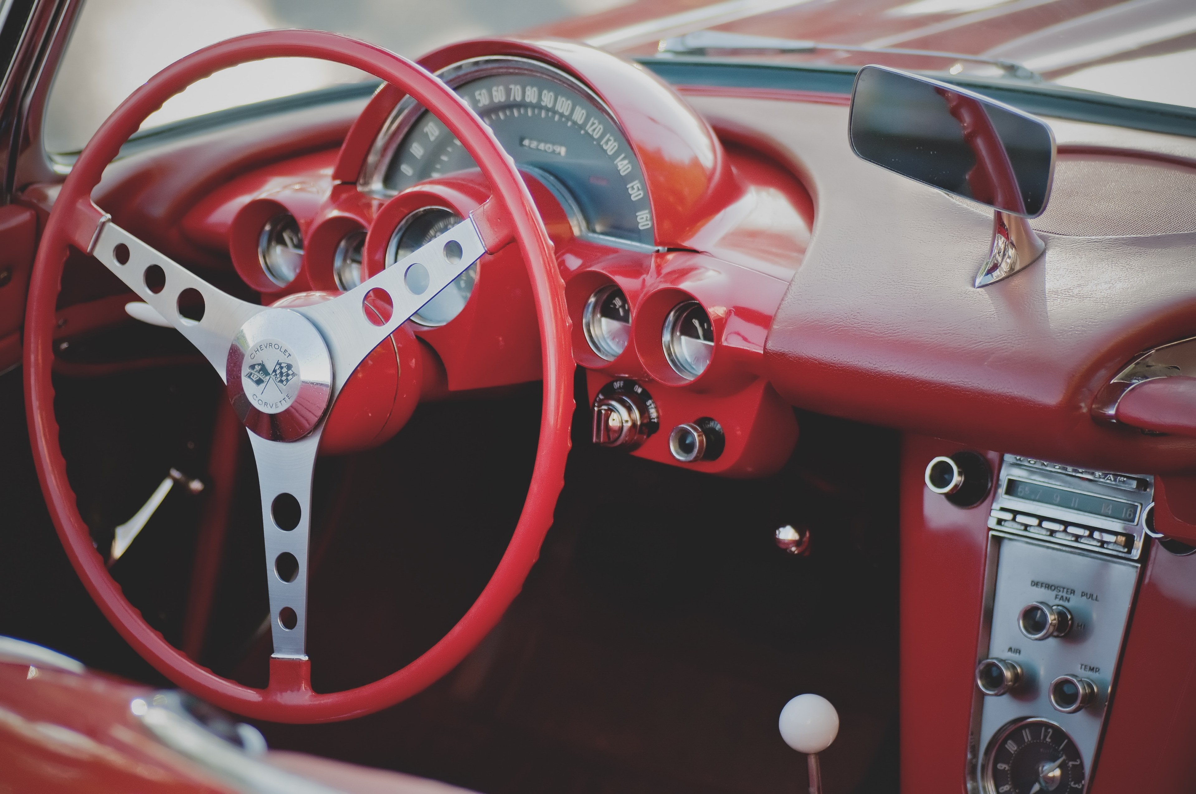 red interior of vintage chevrolet car with steering wheel and dashboard, steering wheel red corvette 4k, HD Wallpaper