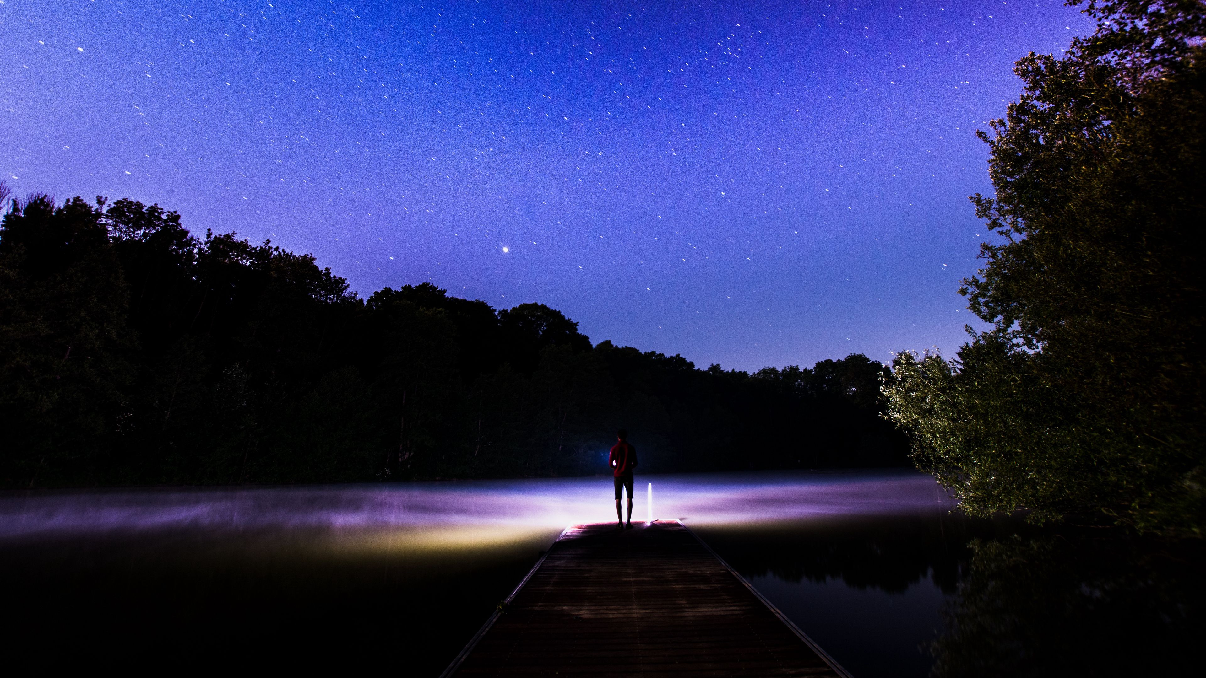 starry sky, silhouette, stars, night, fog, 4k, HD Wallpaper