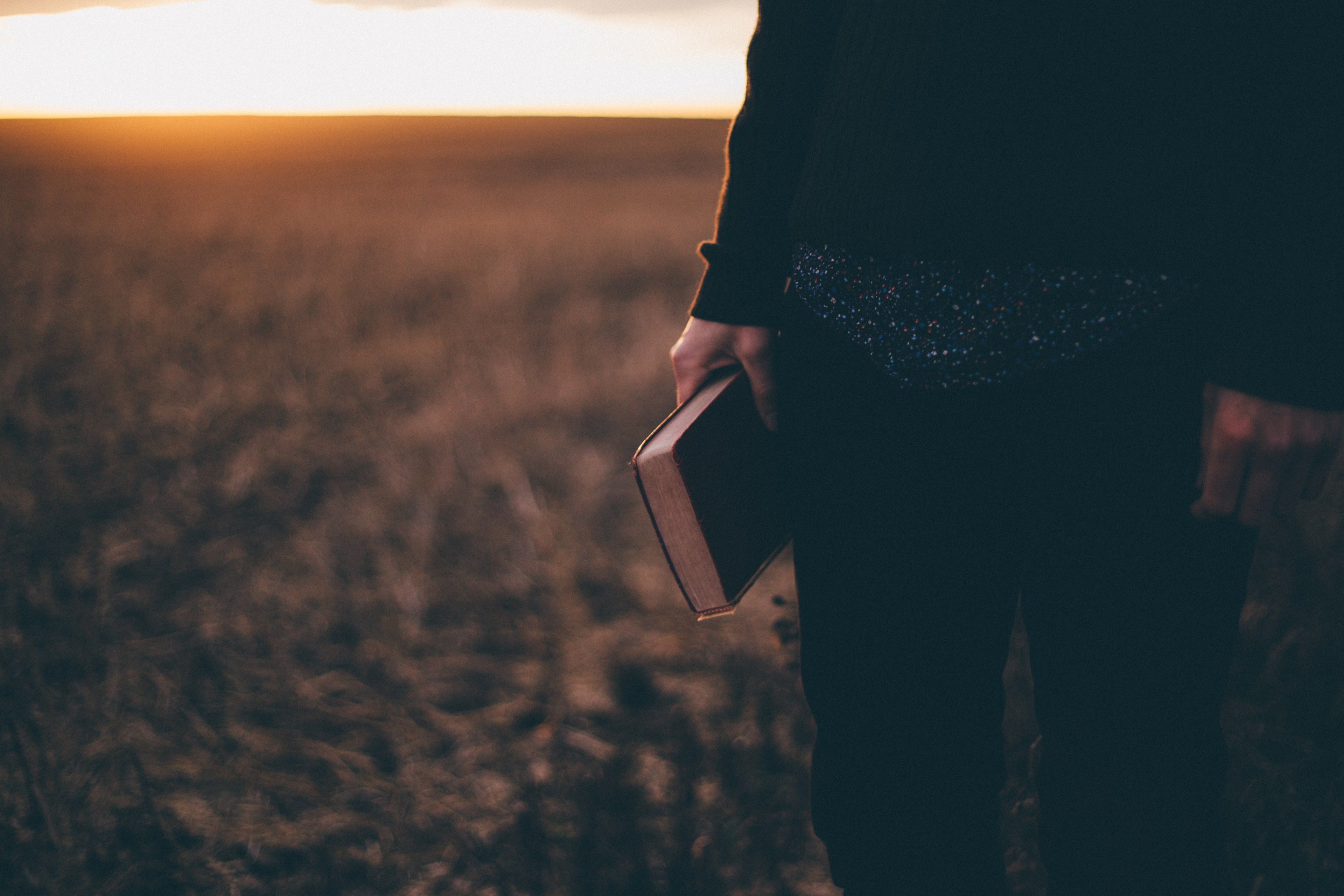 a person is holding a thick book with the sun on the horizon in three hills, _holding the bible 4k, HD Wallpaper