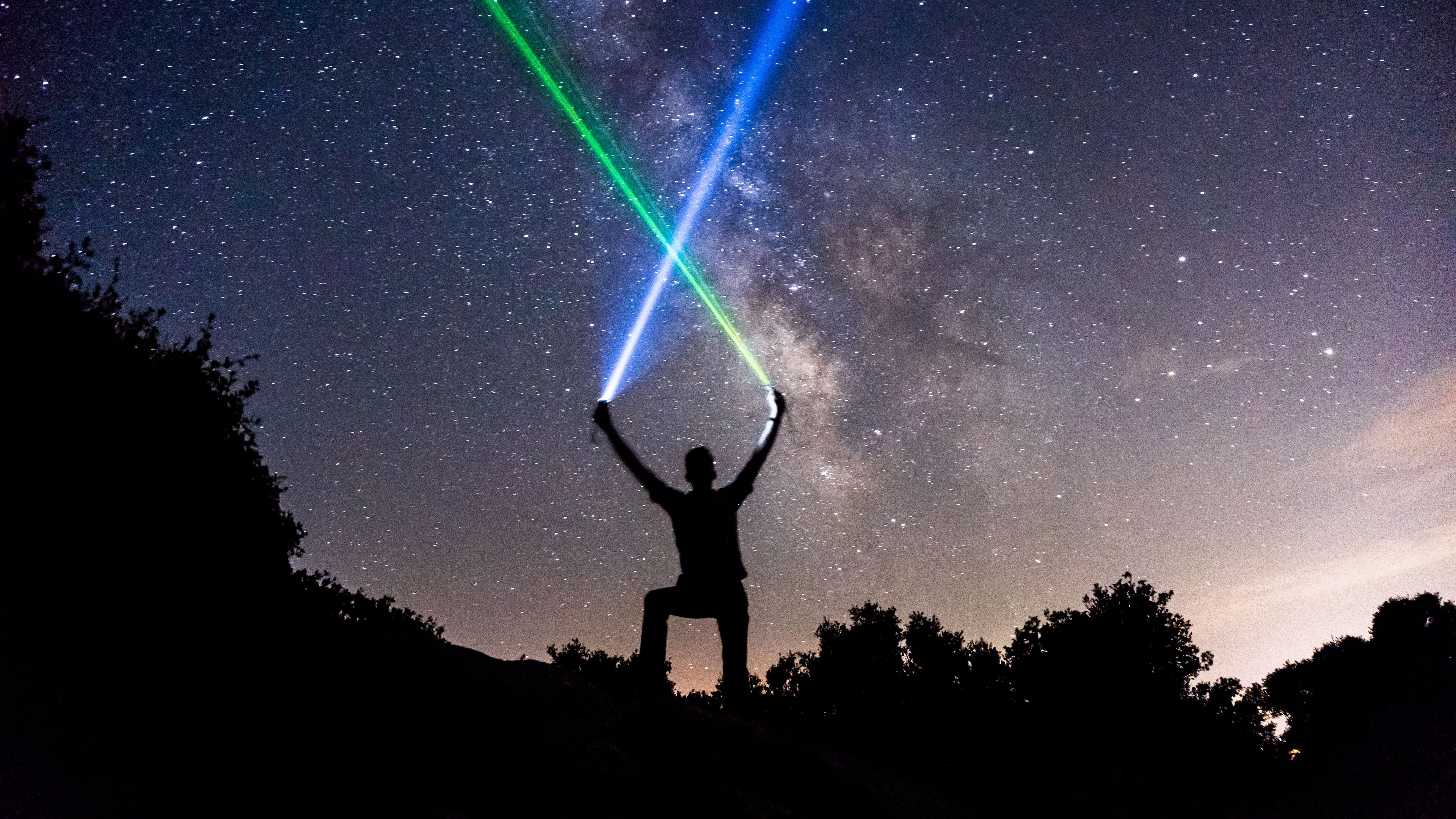 light swords, starry sky, silhouette, stars, night, 4k, HD Wallpaper