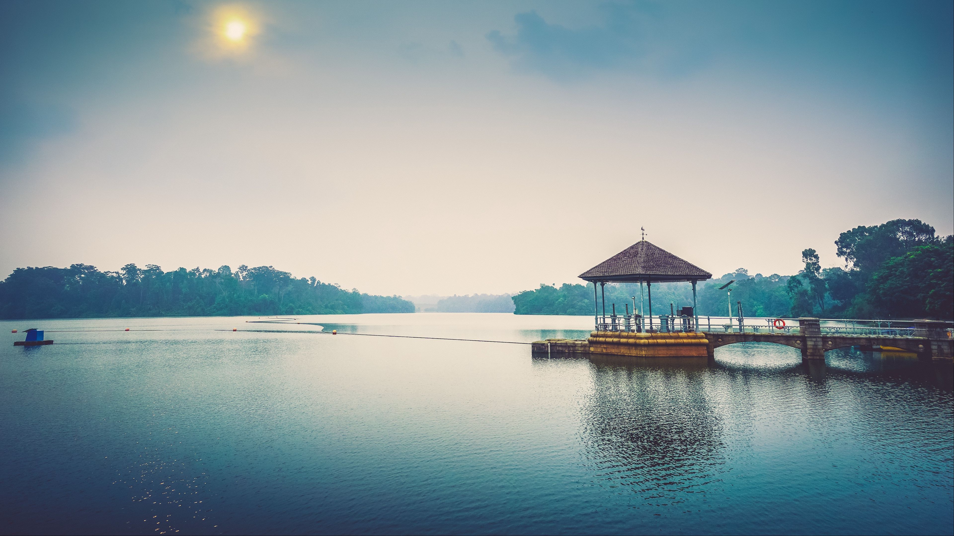 gazebo, lake, reflection, 4k, HD Wallpaper
