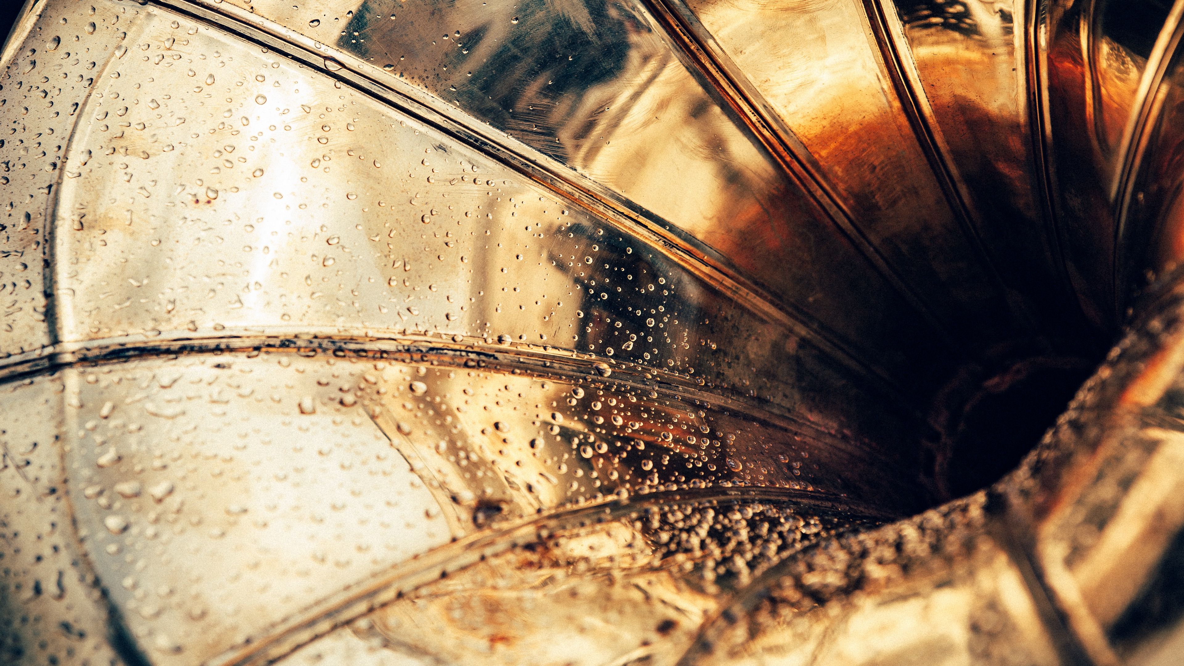 gramophone, pipe, metal, drops, 4k, HD Wallpaper