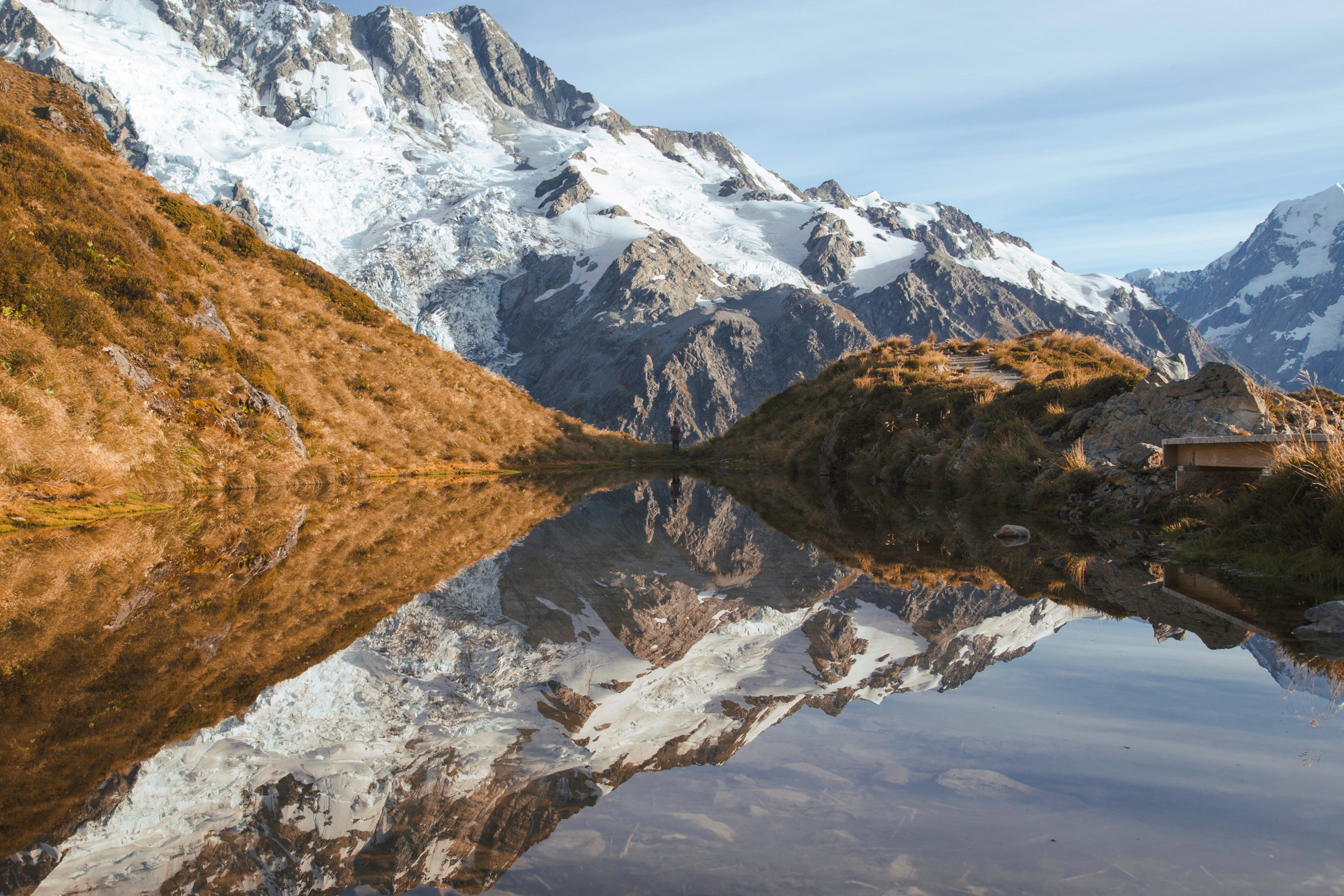 mountain landscape with snowy peaks reflects into a lake, surrendering to scale 4k, HD Wallpaper