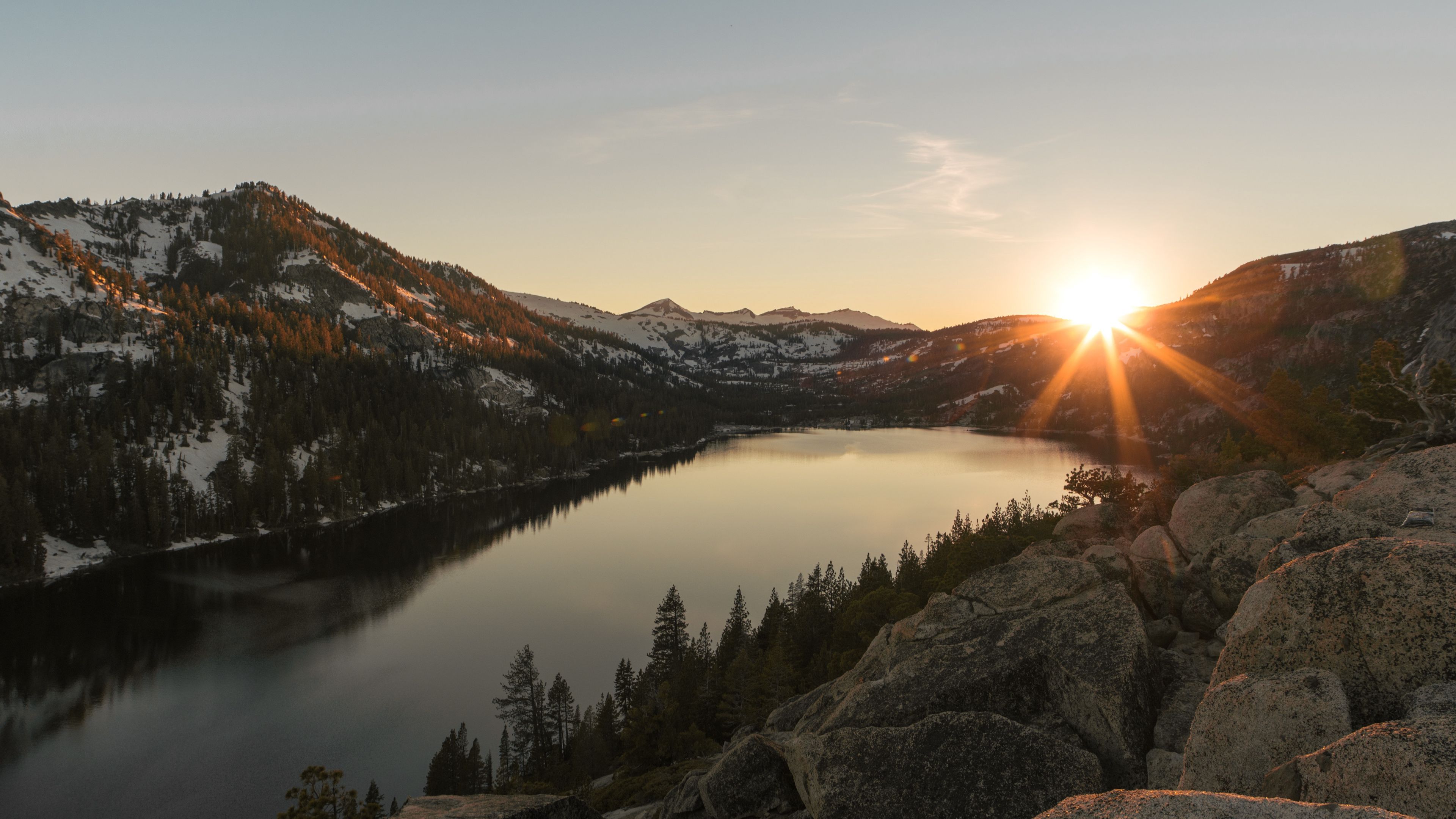 lake, mountains, sunset, stones, 4k, HD Wallpaper