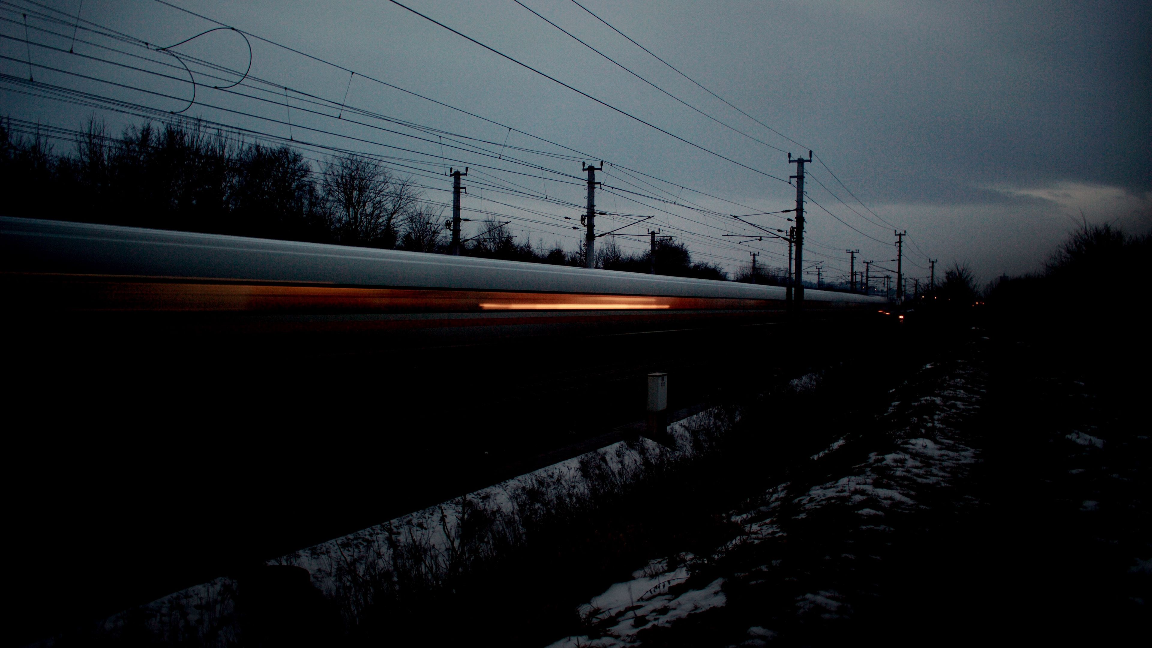 train, traffic, night, wires, 4k, HD Wallpaper