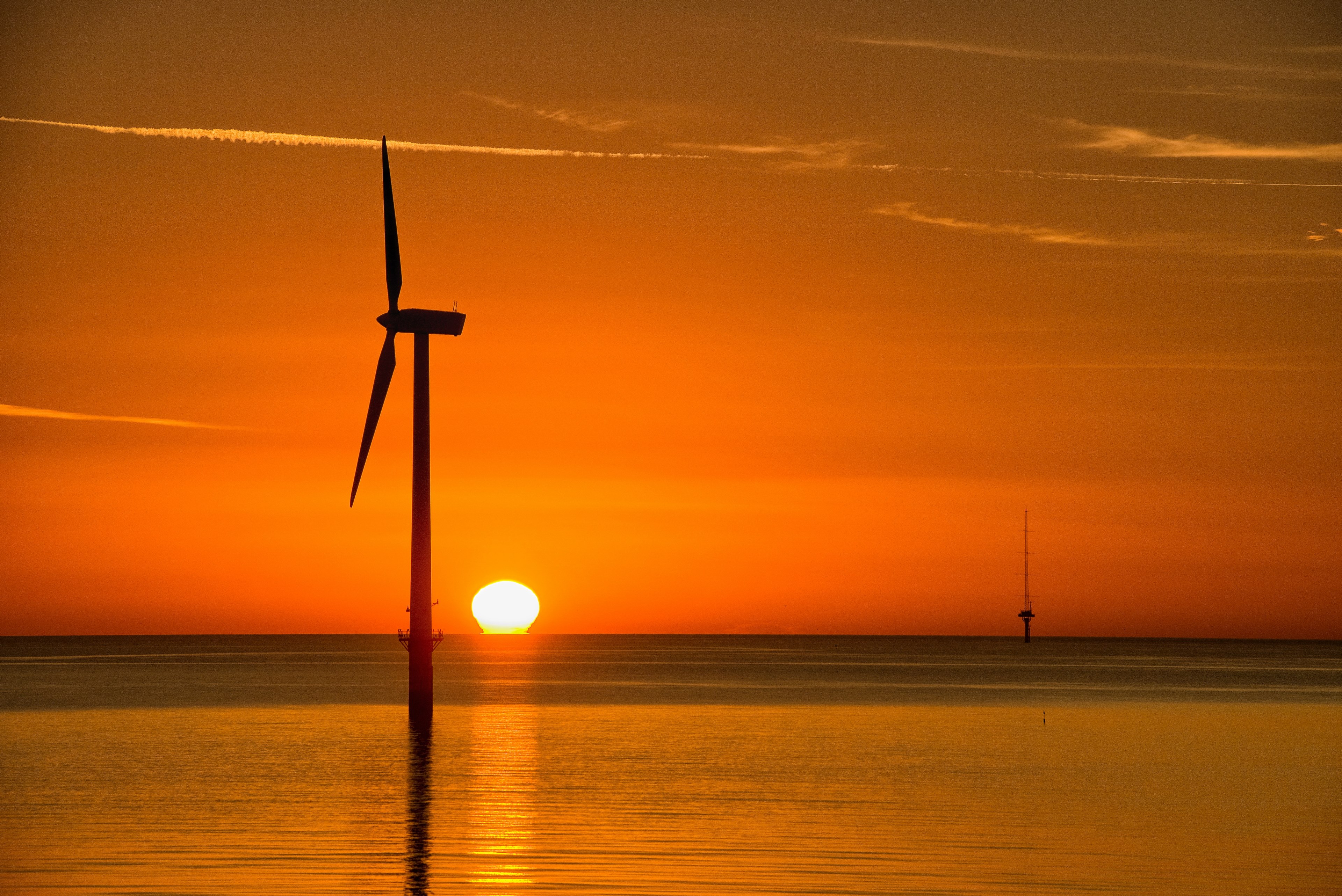 sunset orange wind turbine and sea 4k, HD Wallpaper