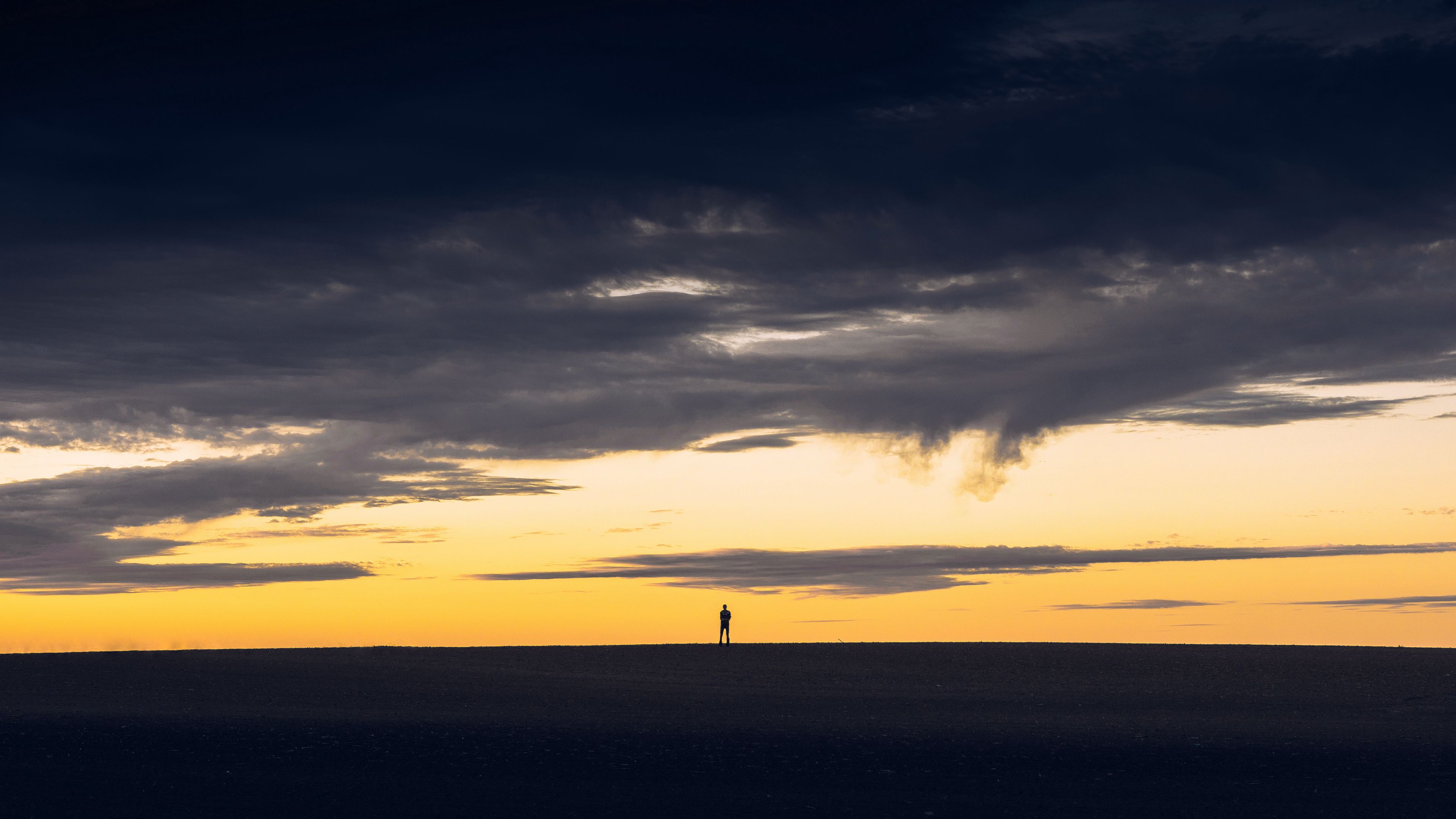 sunset, silhouette, sky, man, 4k, HD Wallpaper