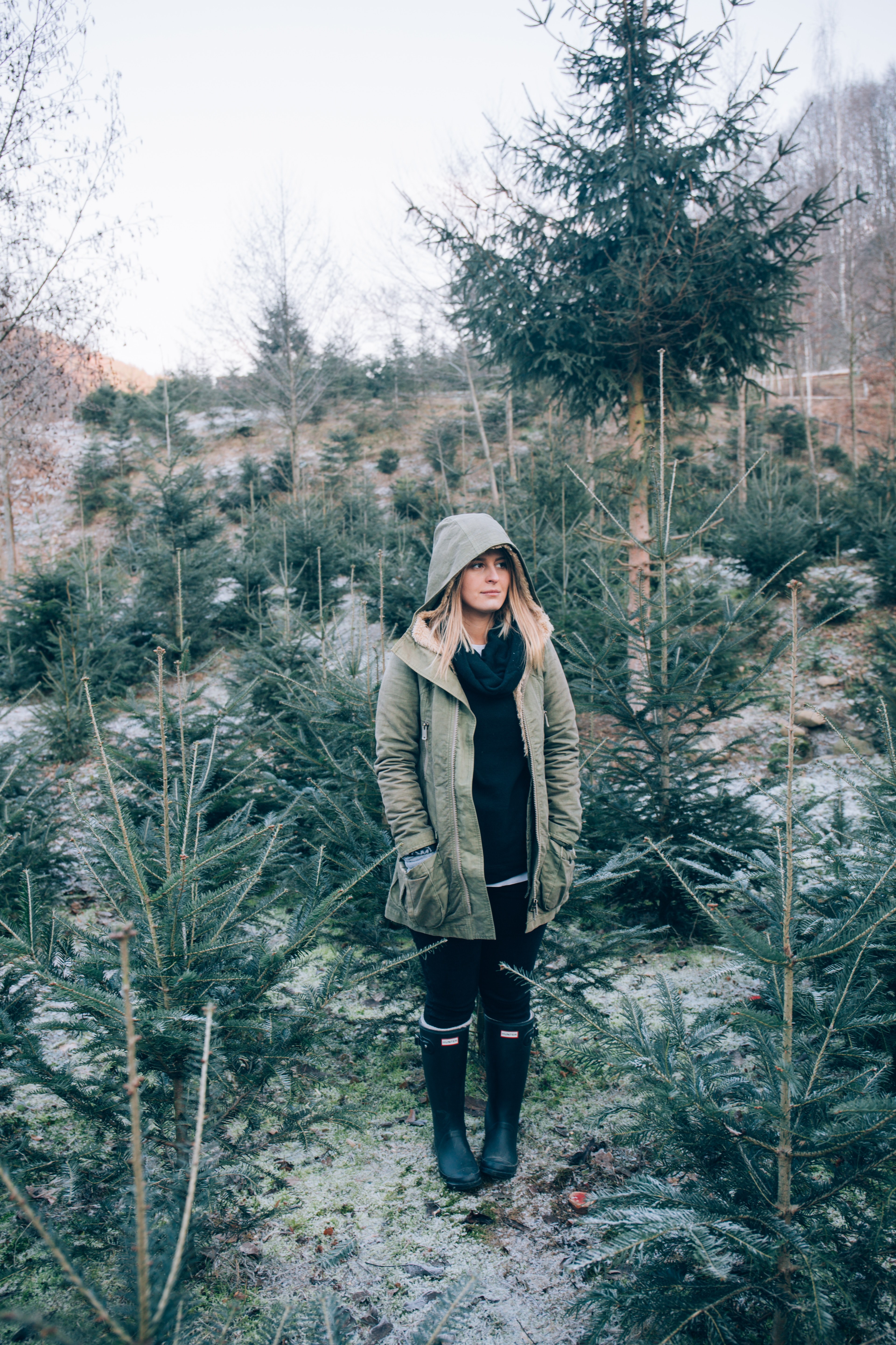 a woman wearing a coat and hood in the snowy forest in romania, woman among spruce trees 4k, Phone HD Wallpaper