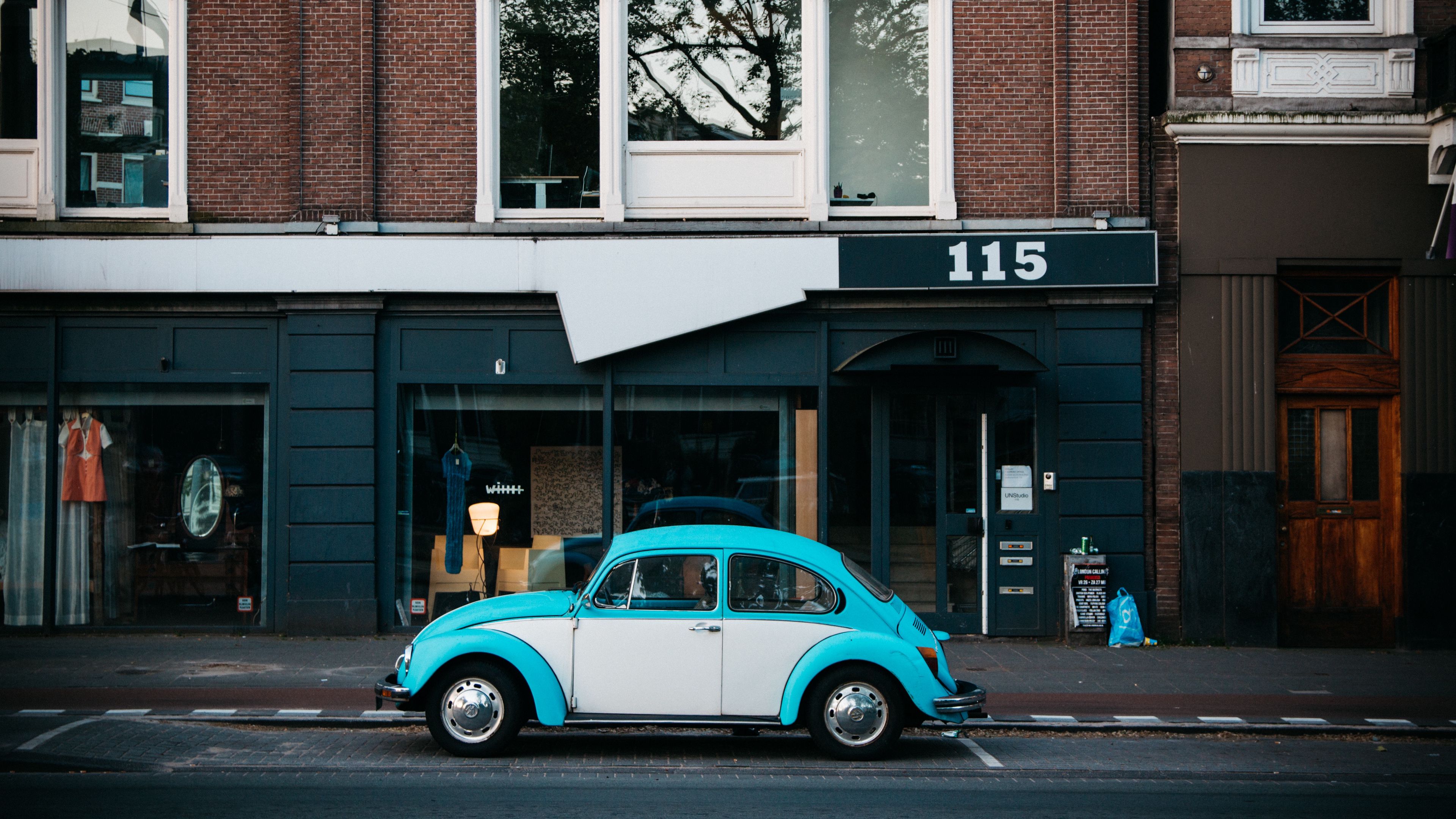 car, retro, building, street, 4k, HD Wallpaper