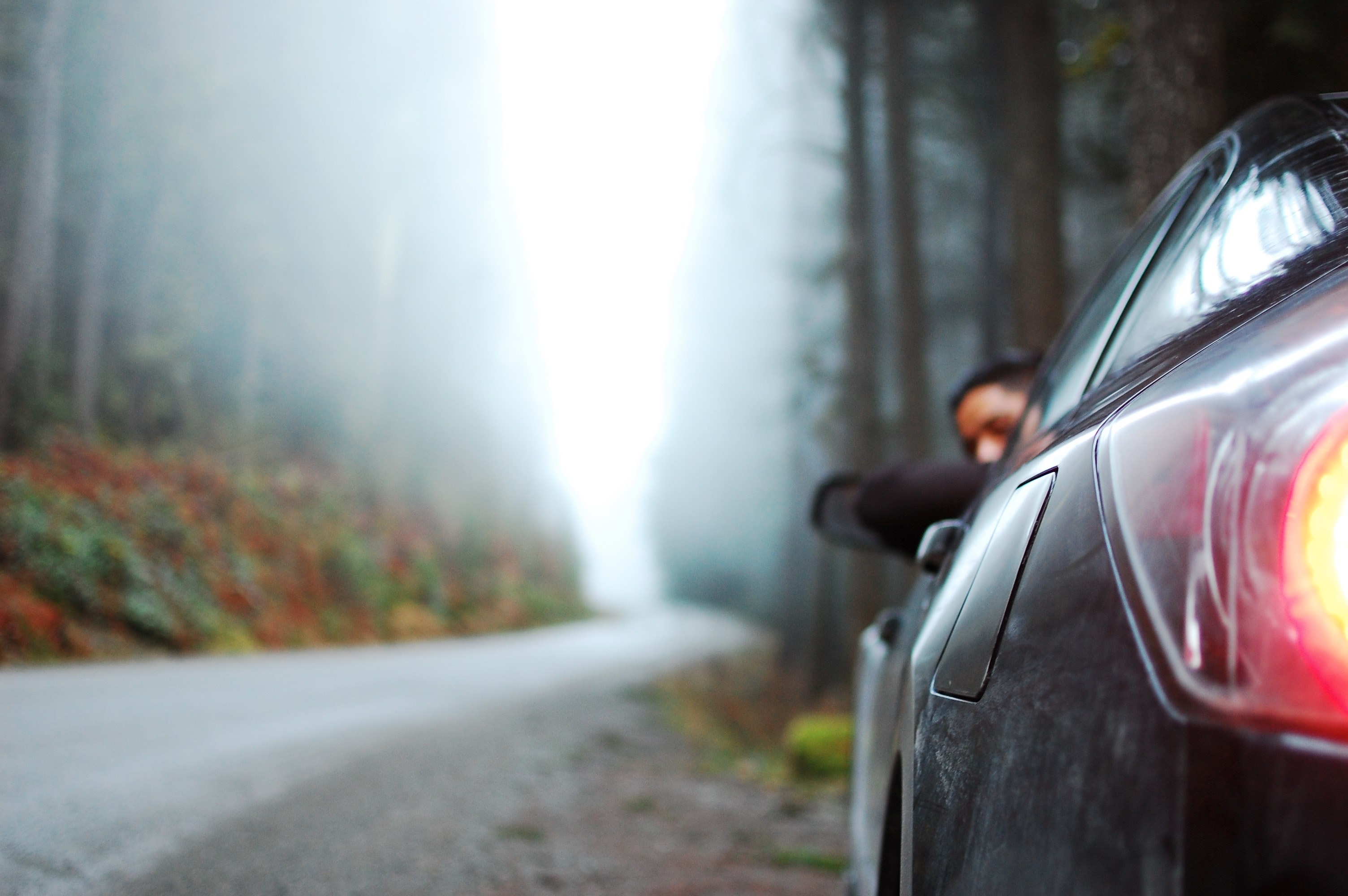 a man leaning out of a window in a car parked on the side of a tree lined road, man looking out of car window 4k, HD Wallpaper