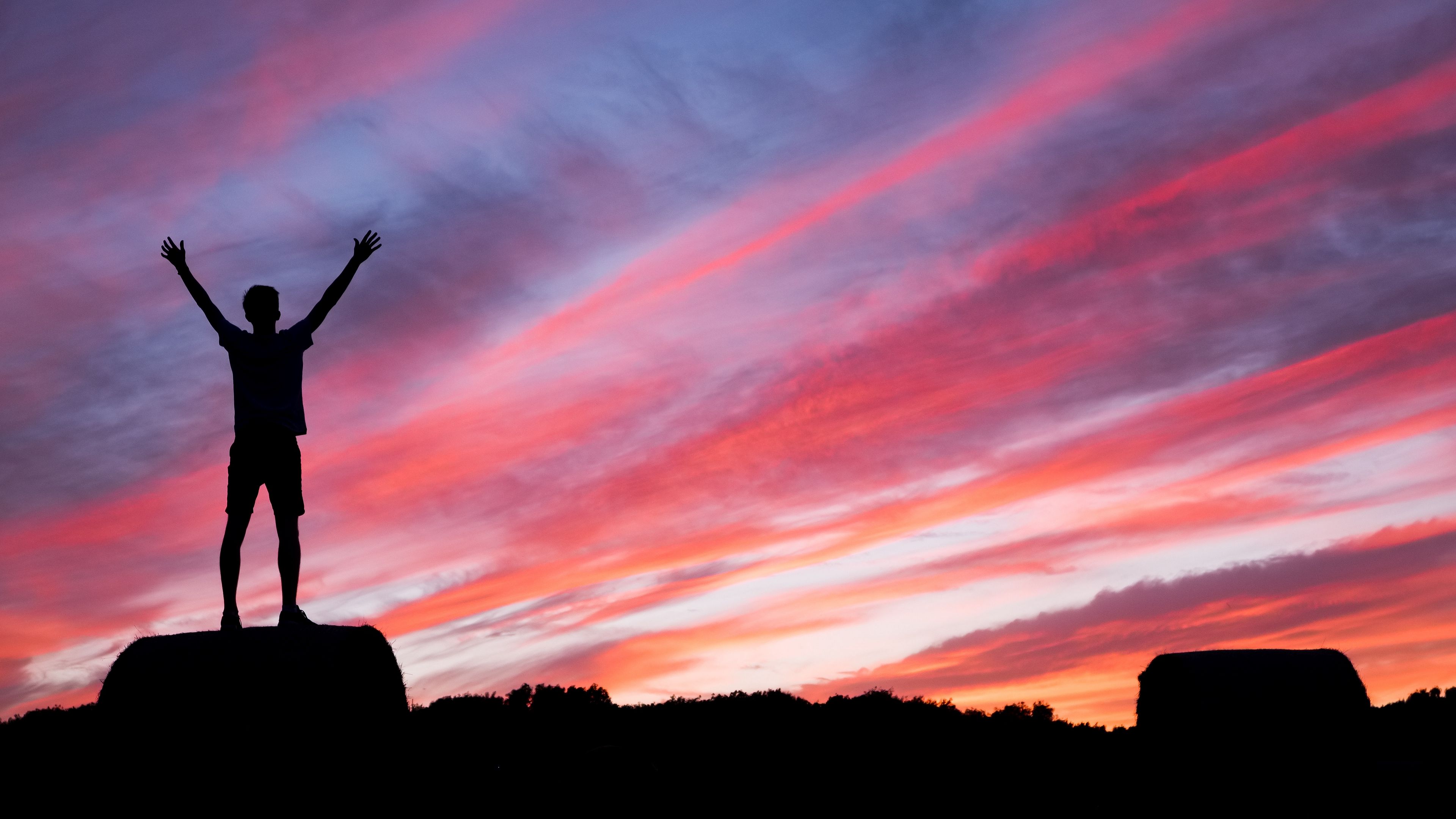 silhouette, man, hill, sunset, 4k, HD Wallpaper
