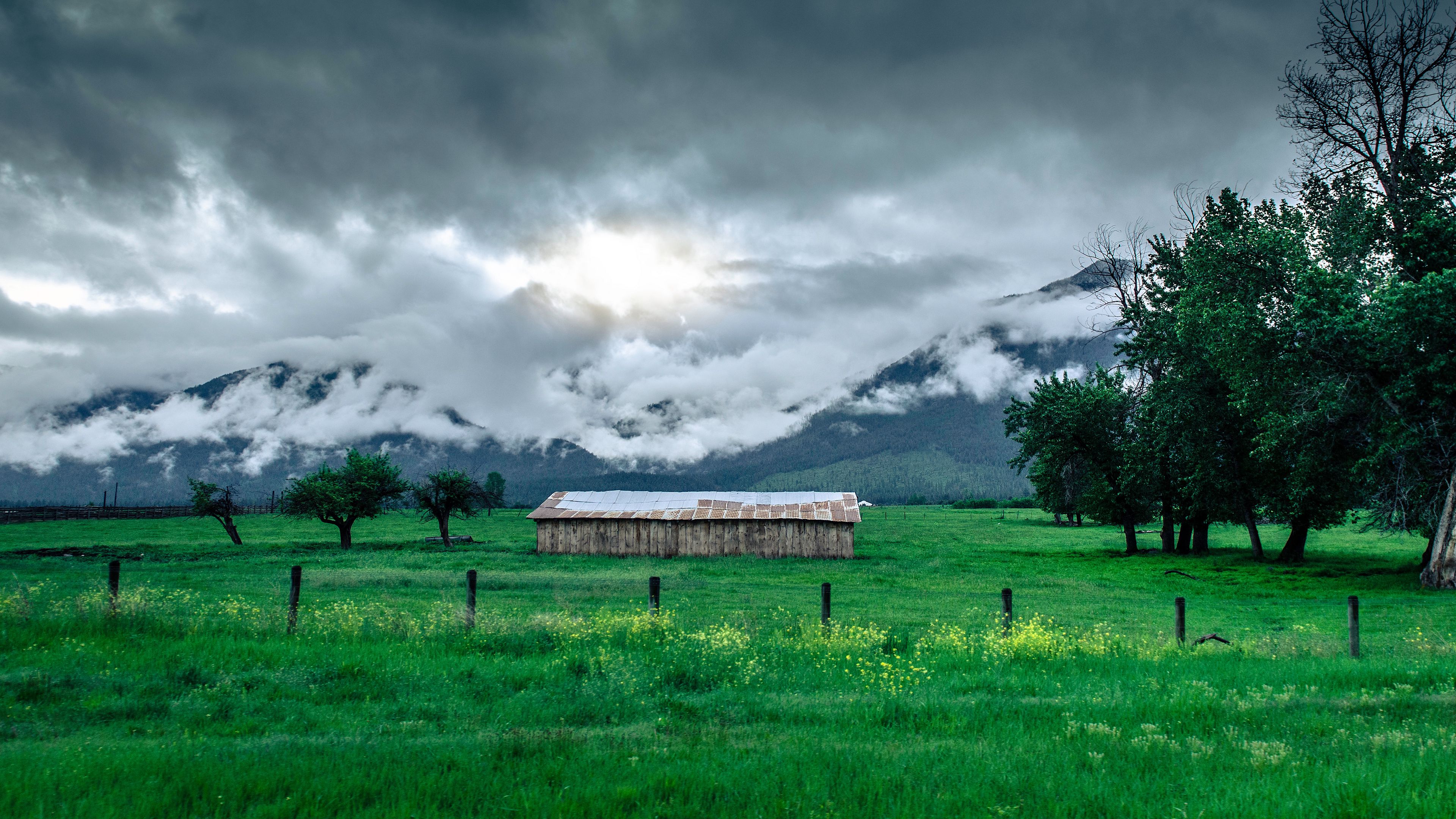 structure, grass, mountains, fog, 4k, HD Wallpaper