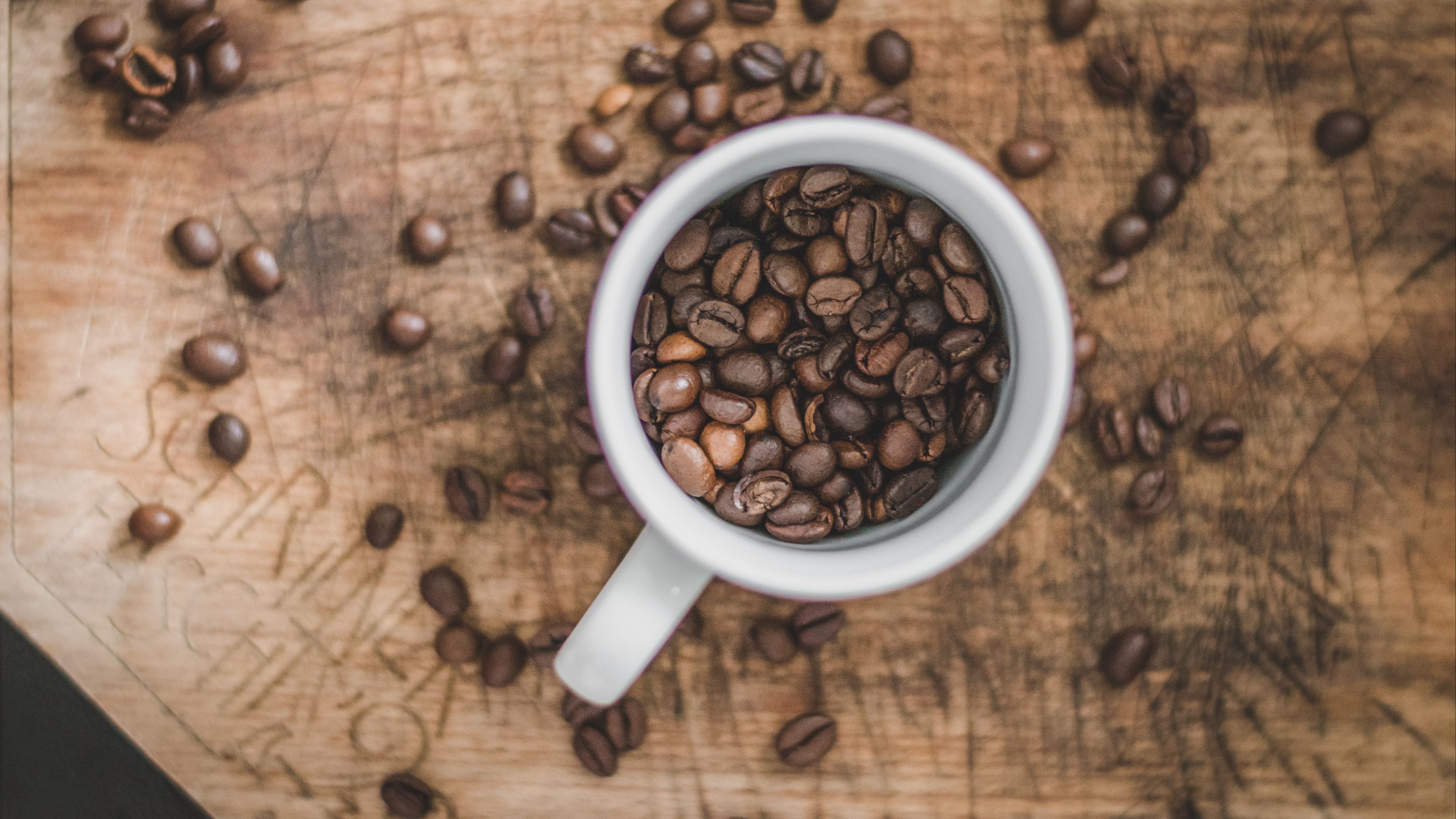 coffee, cup, aerial view, grains, 4k, HD Wallpaper