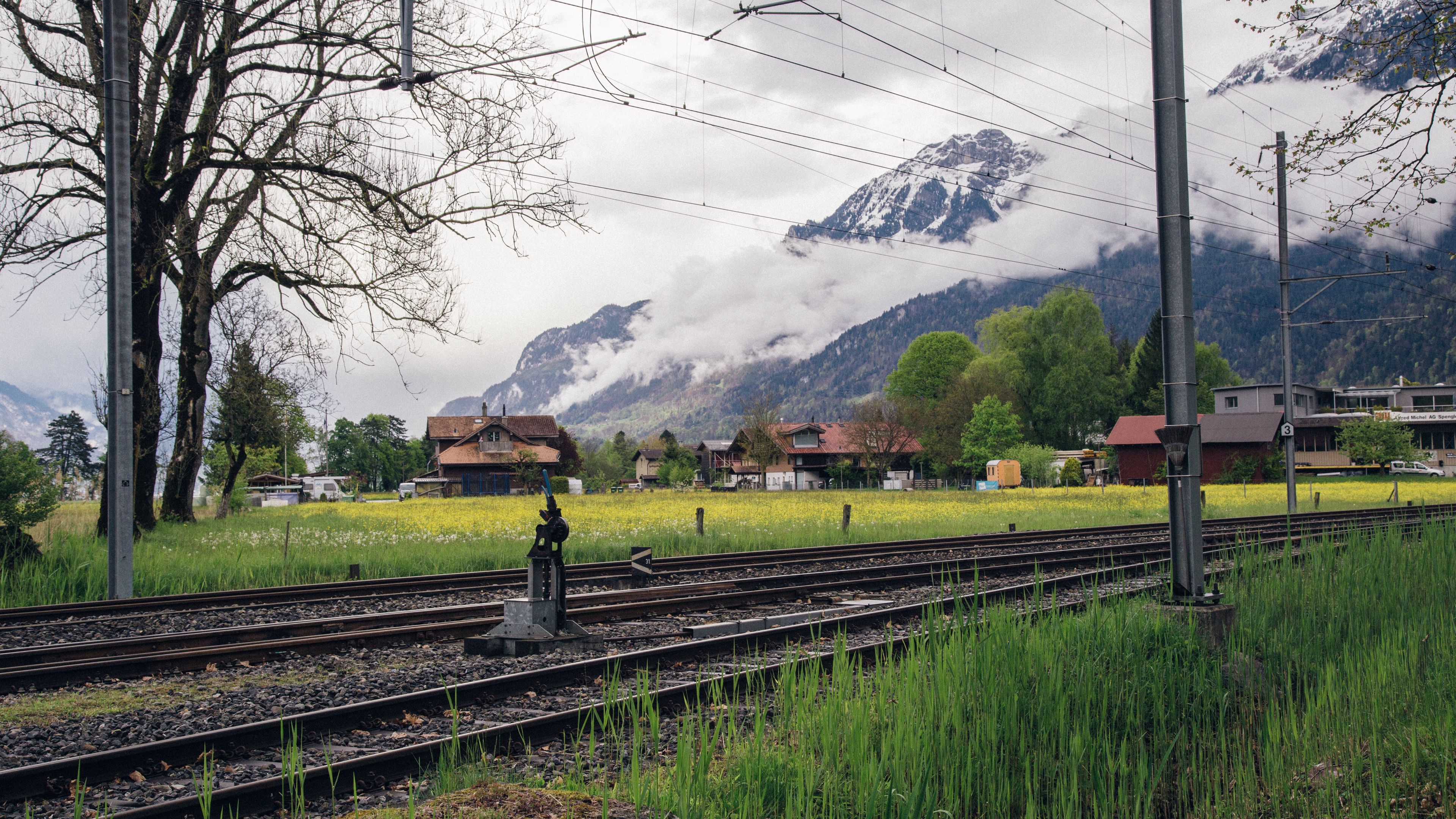 railway, mountains, grass, 4k, HD Wallpaper
