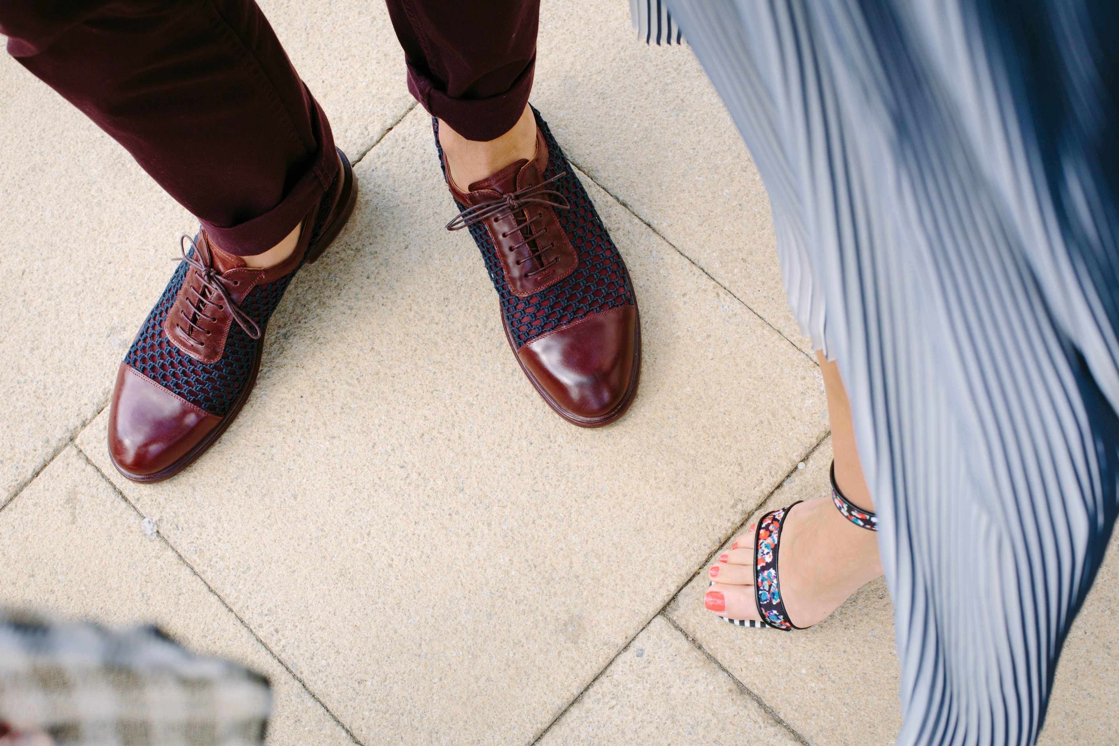 a man in brown leather shoes next to a woman in stylish sandals, stylish couples footwear 4k, HD Wallpaper