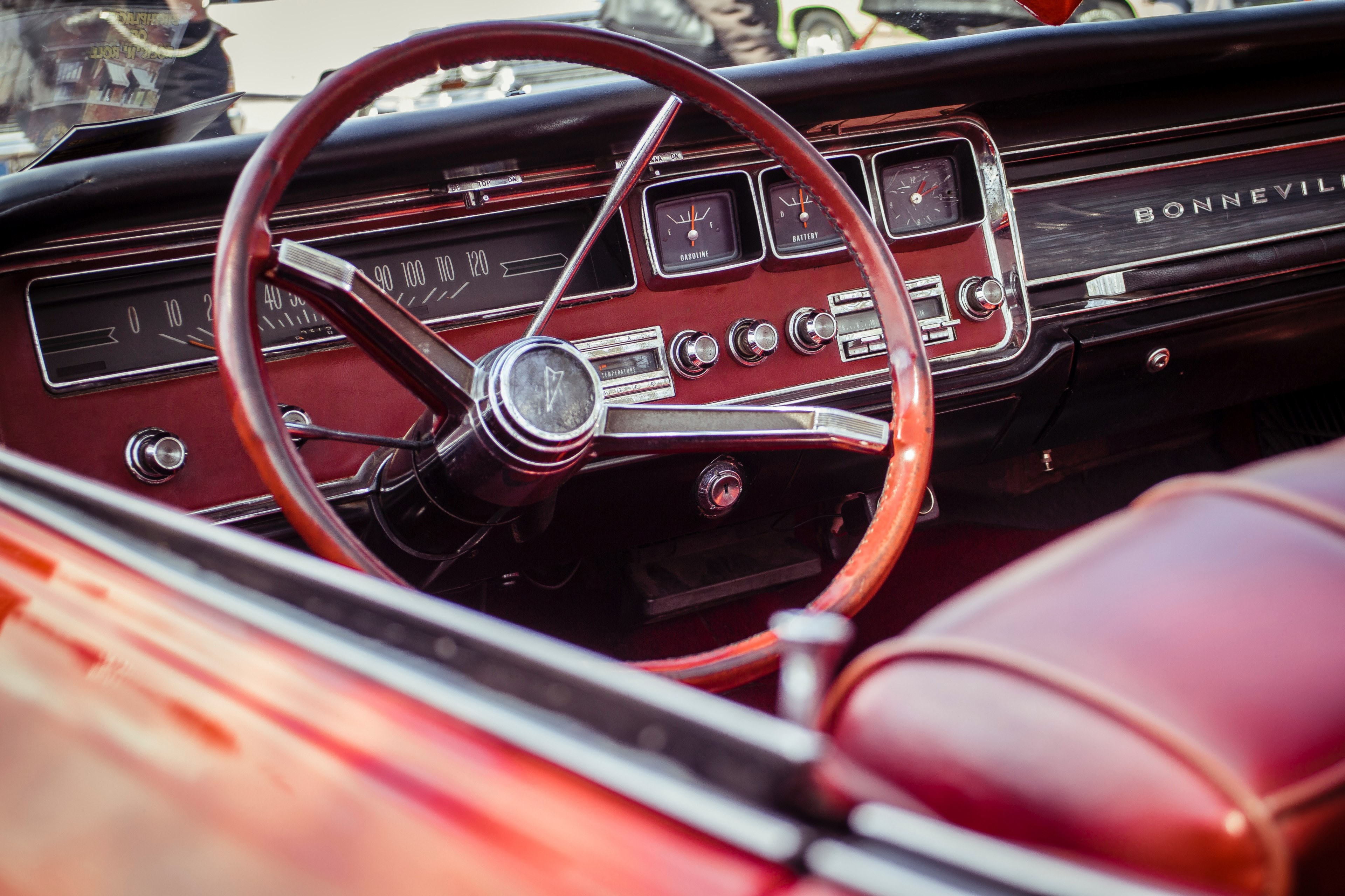 steering wheel of a red vintage car with red interior, _red vintage car 4k, HD Wallpaper