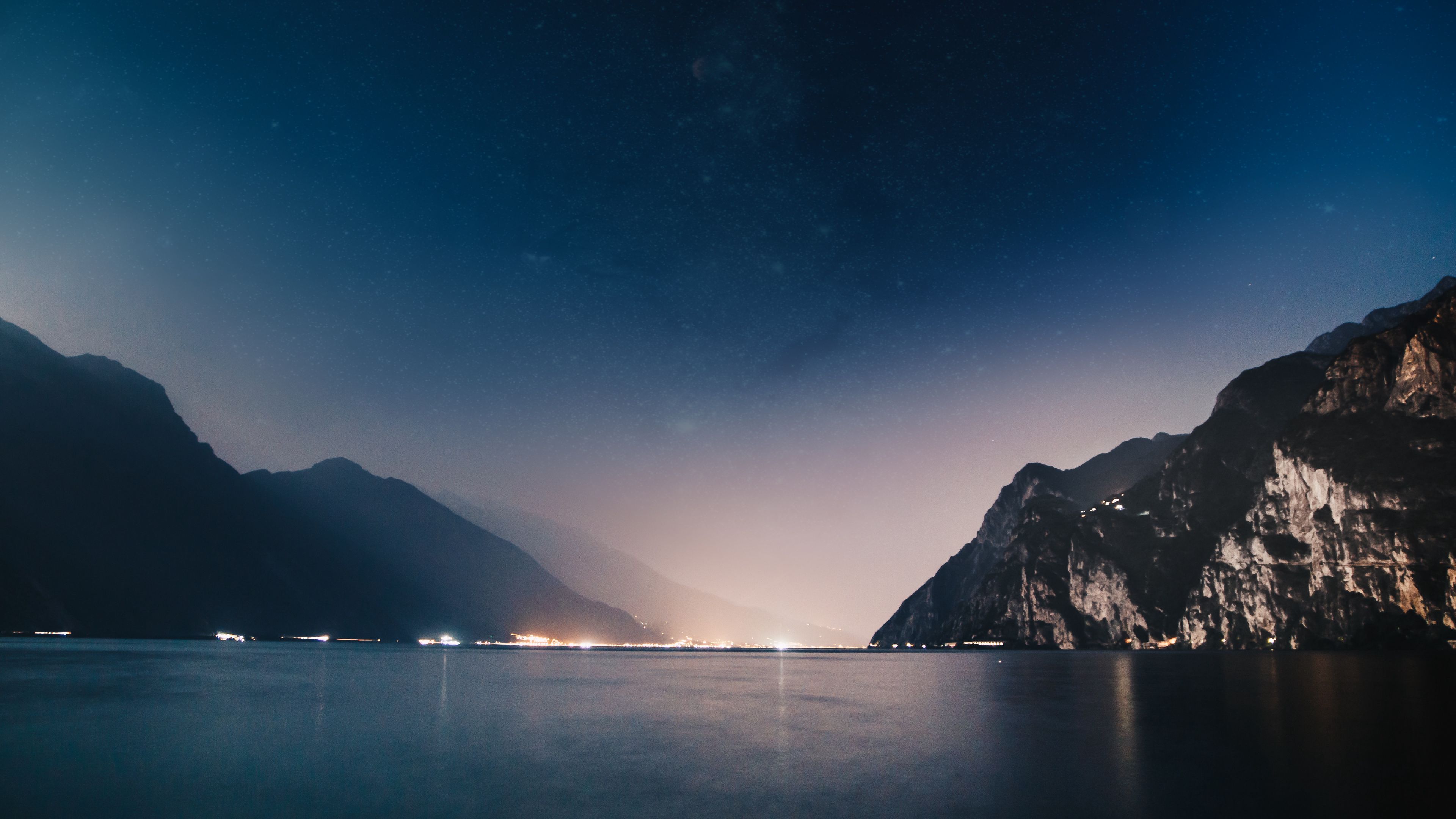 mountains, night, sea, 4k, HD Wallpaper