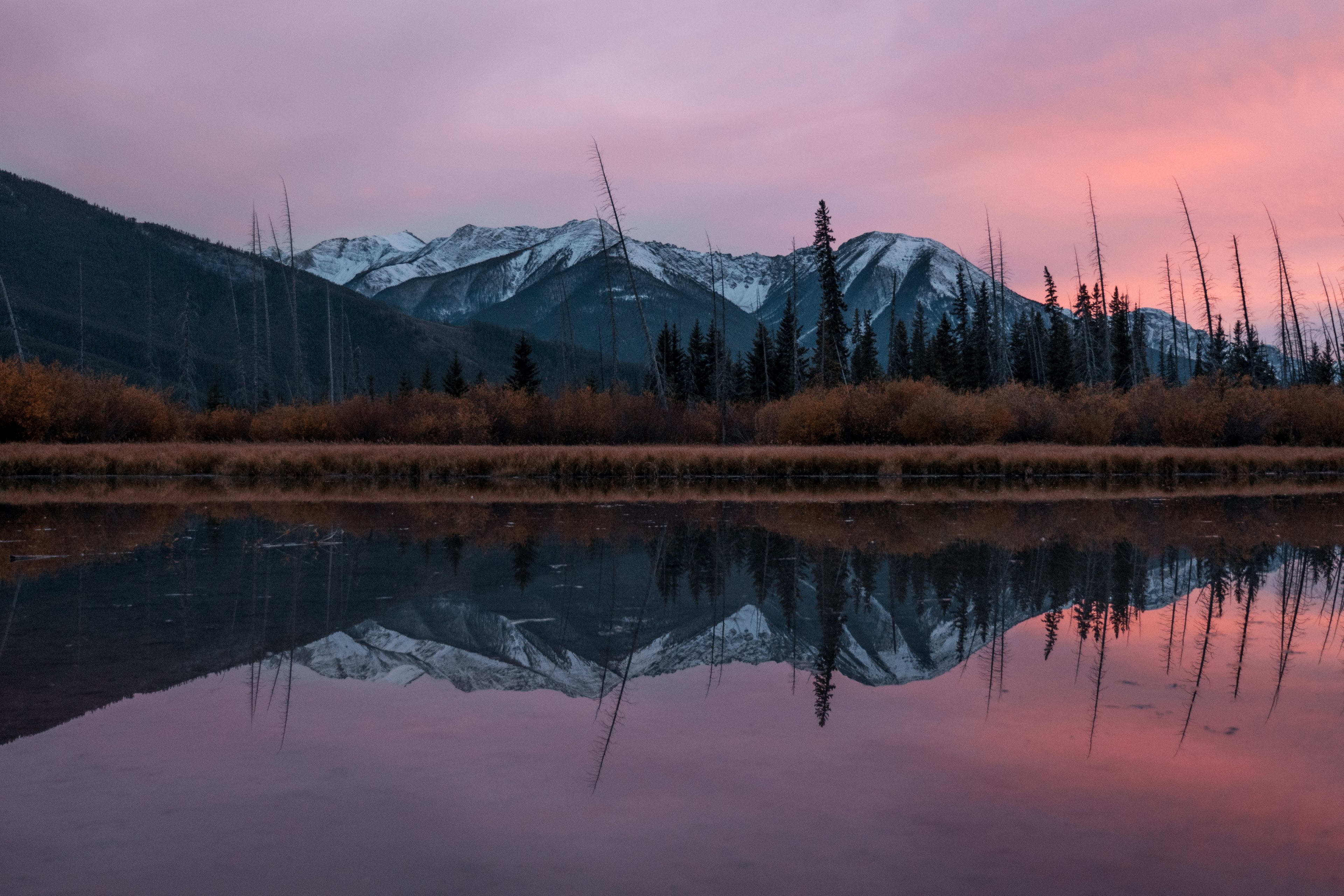a snowcapped mountain range trees and cloudy skies are reflected in calm water as the sun sets, mountain tree sunset and sunrise 4k, HD Wallpaper