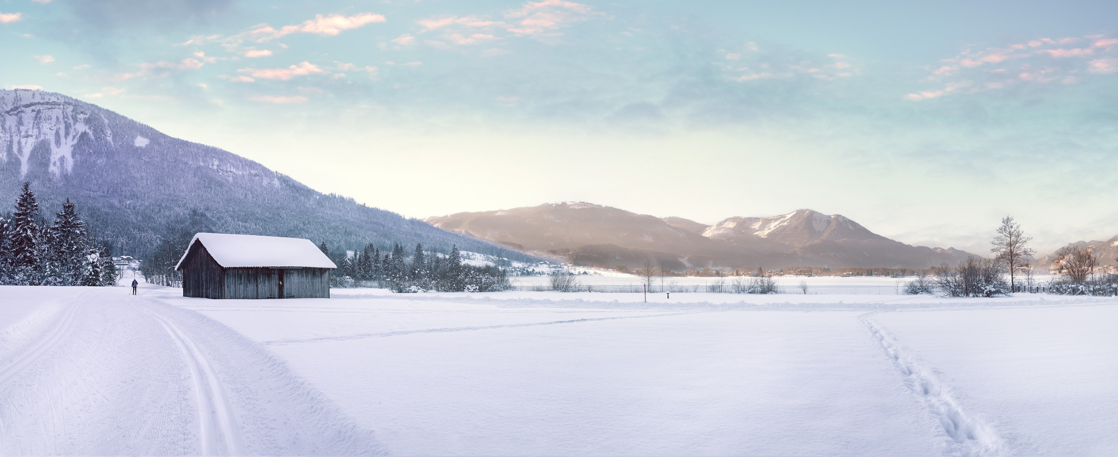 an old cottage in a snow covered field near winter alps, cross country skiing_ 4k, HD Wallpaper