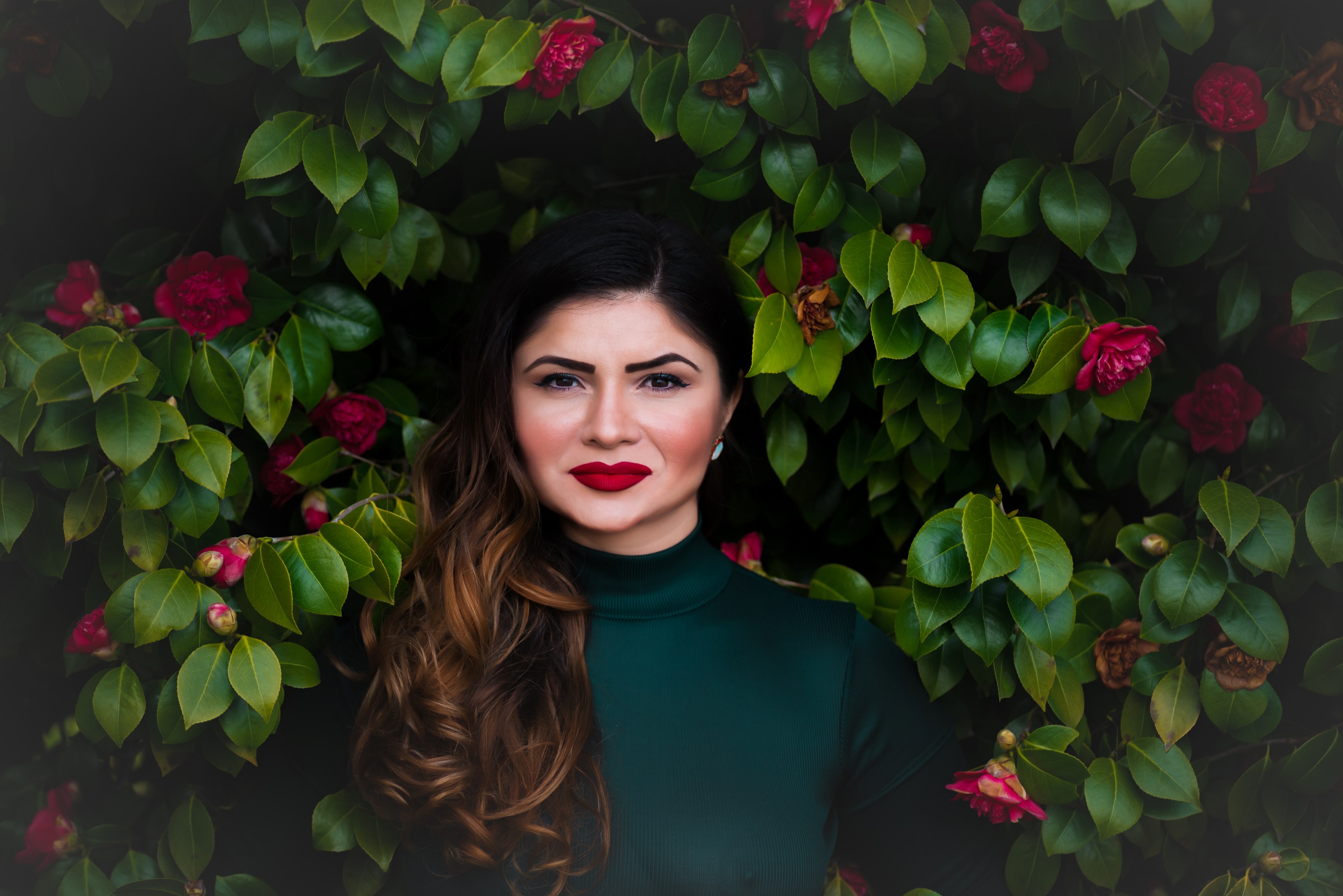 a dark haired woman standing close to a large bush with red flowers, woman near red flower bush 4k, HD Wallpaper