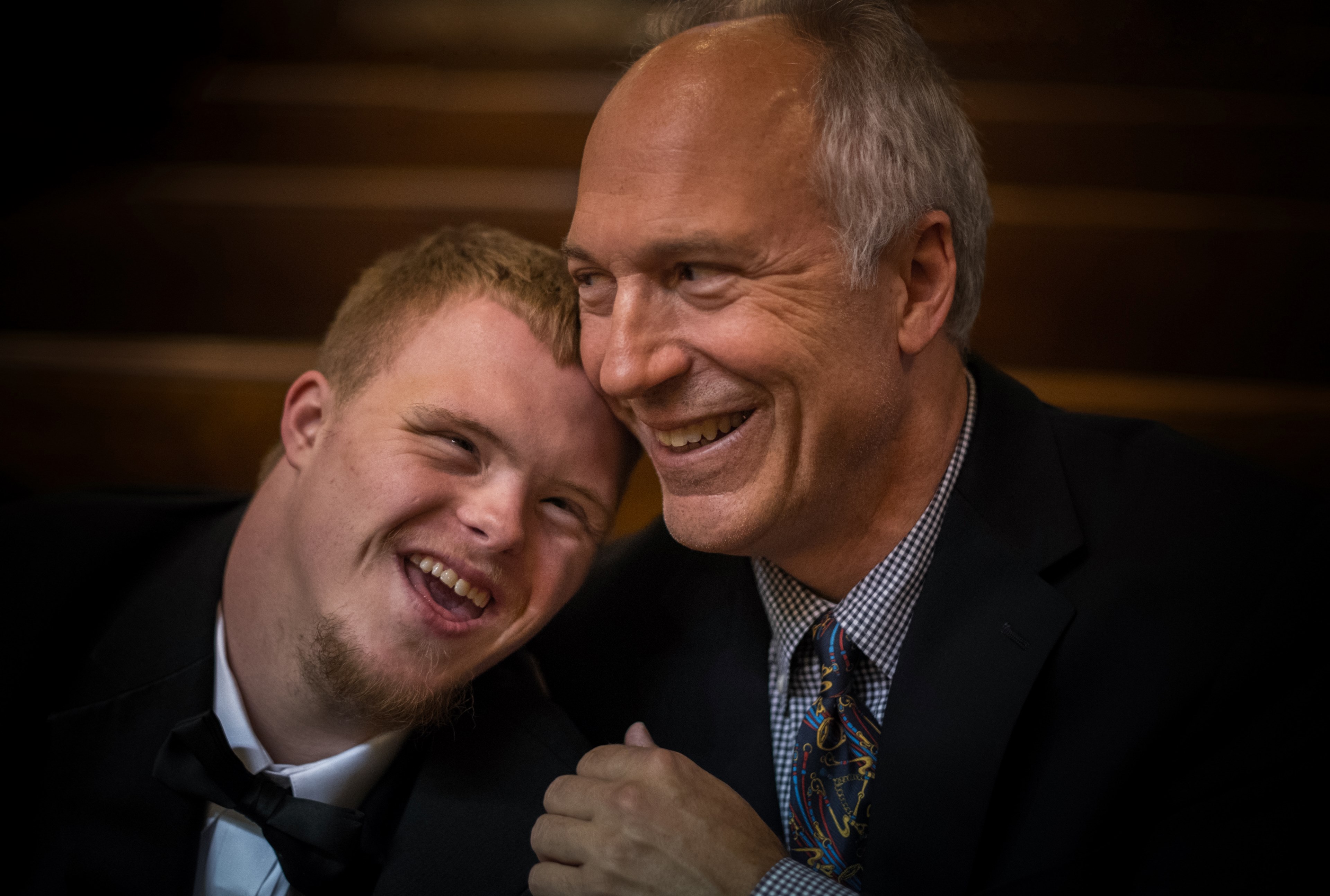 older father and son dressed in suits smiling, smiling together 4k, HD Wallpaper
