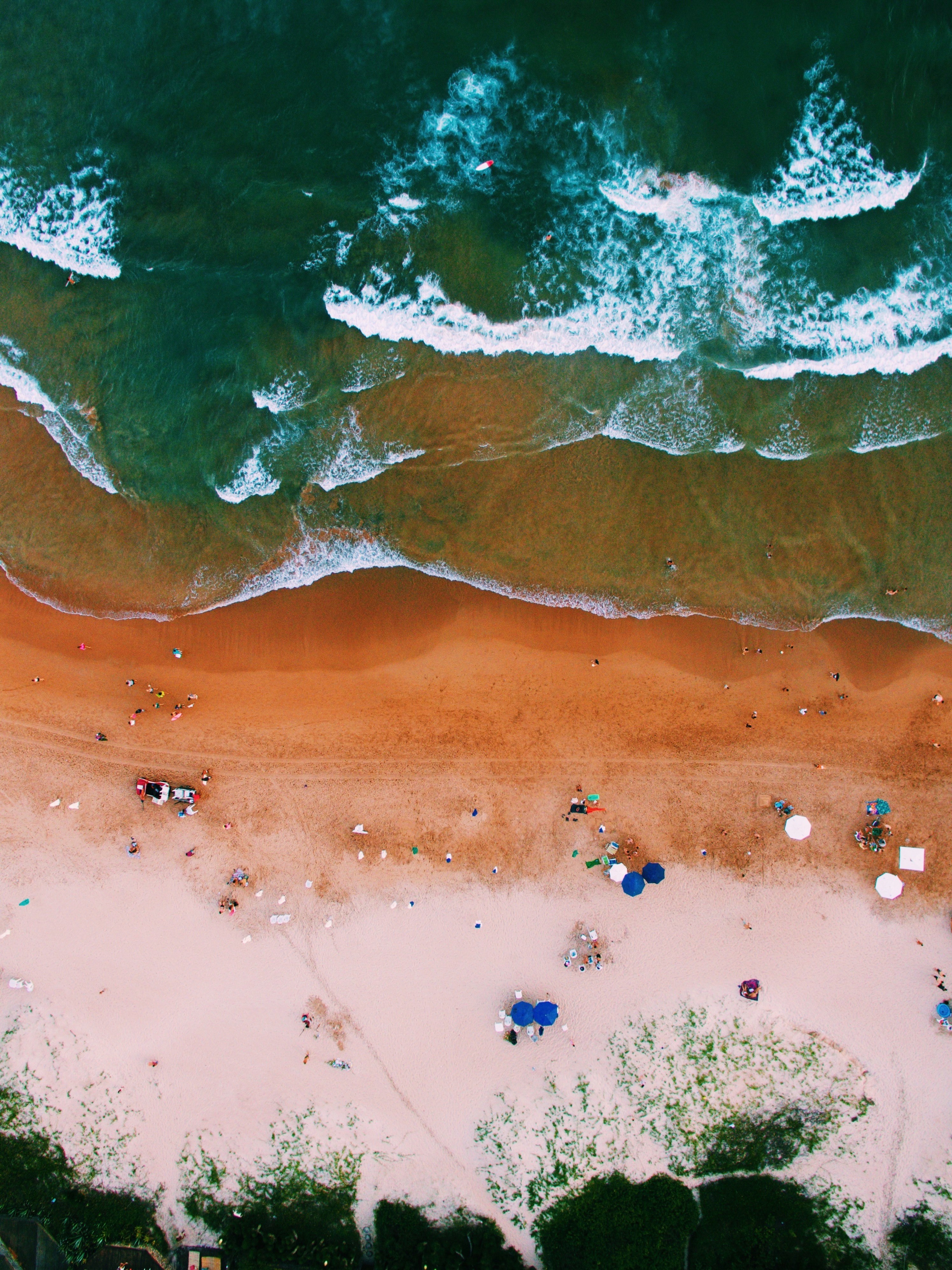 an aerial shot of waves breaking on a wet golden beach with tourists their umbrellas and deck chairs, top view of waves on a beach 4k, Phone HD Wallpaper