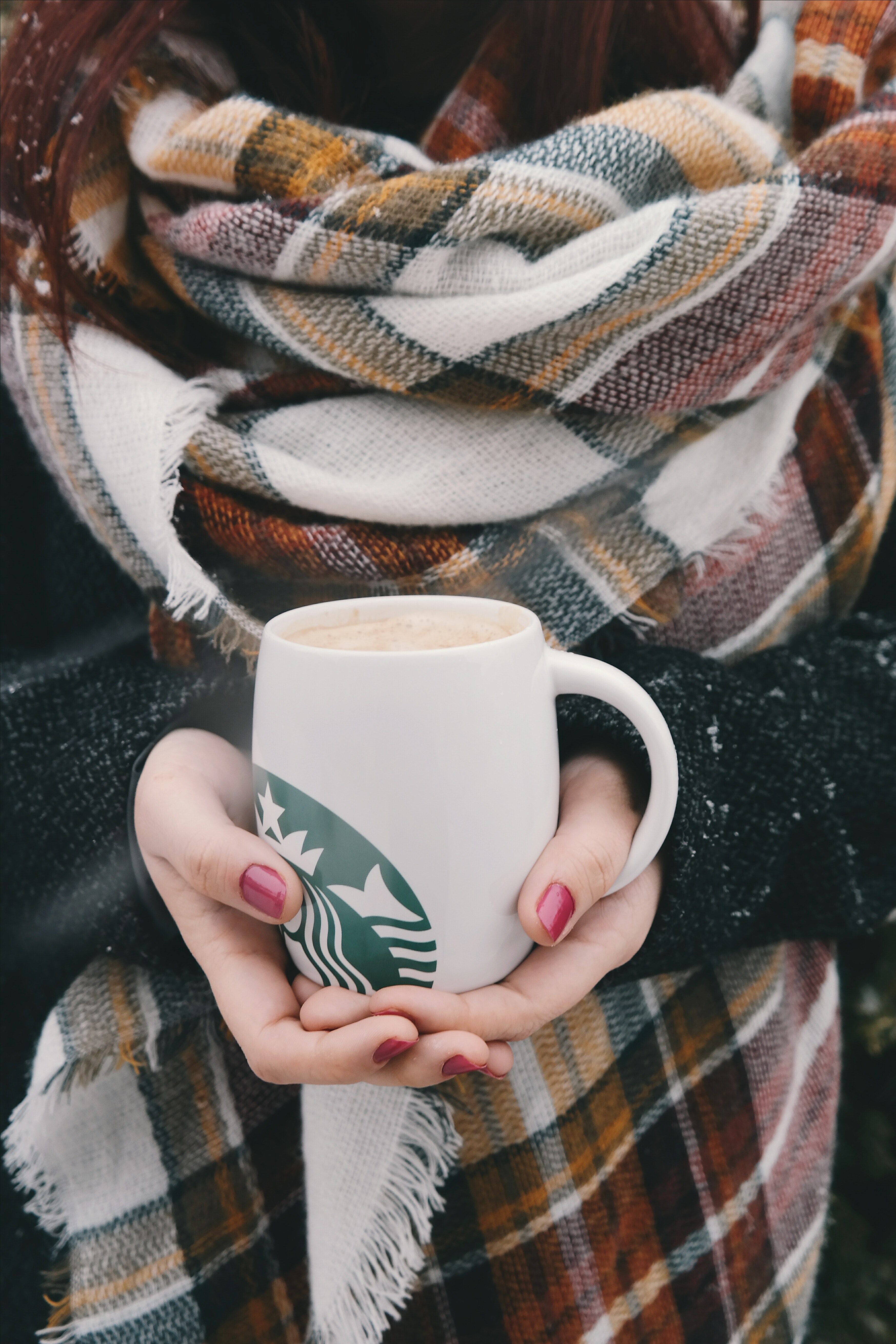 coffee scarf winter and plaid hd, 4k, Phone HD Wallpaper