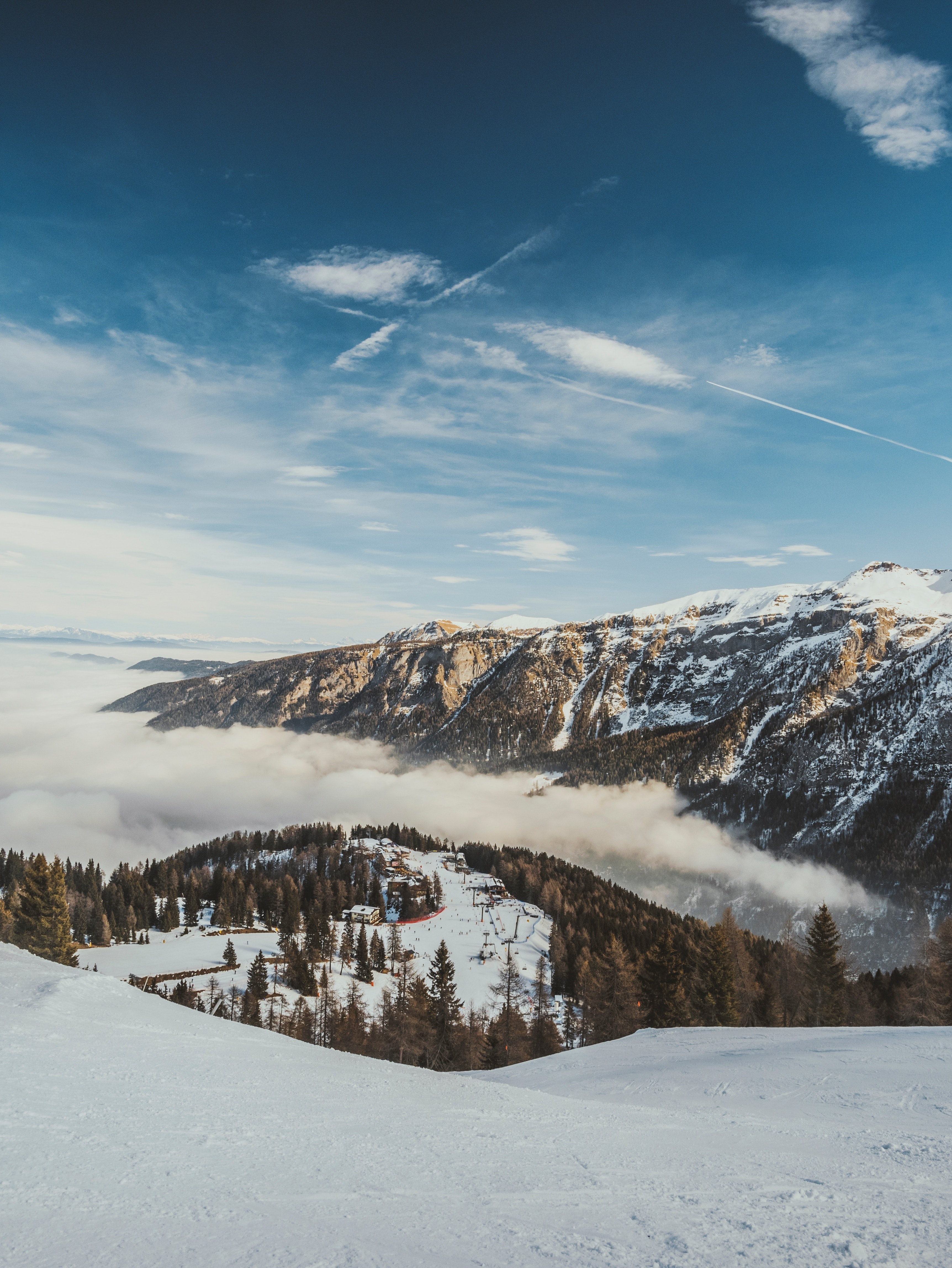 view from a snowy slope on a ski lift surrounded by woods, ski lift seen from above 4k, Phone HD Wallpaper