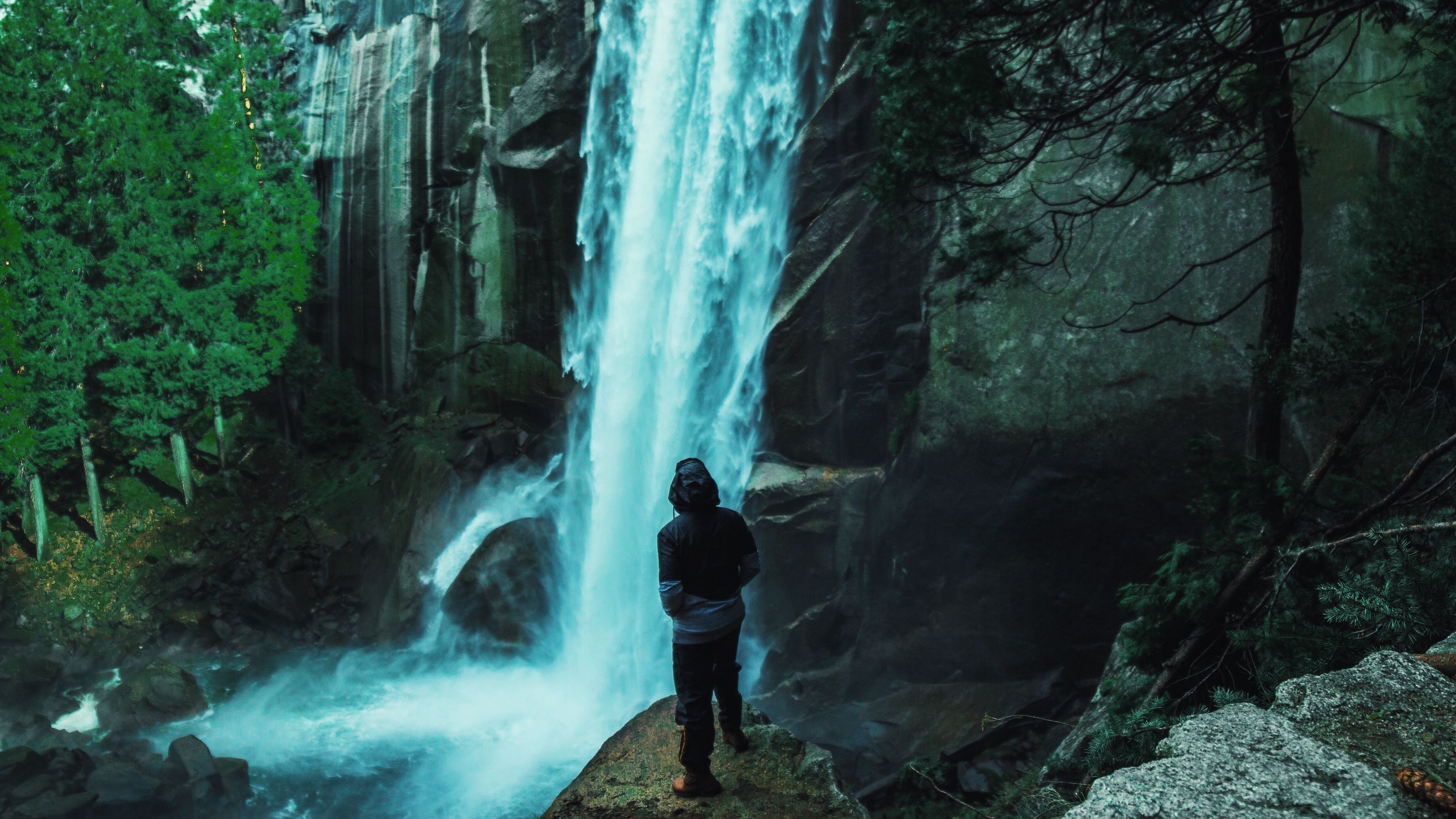 man, waterfall, stones, 4k, HD Wallpaper