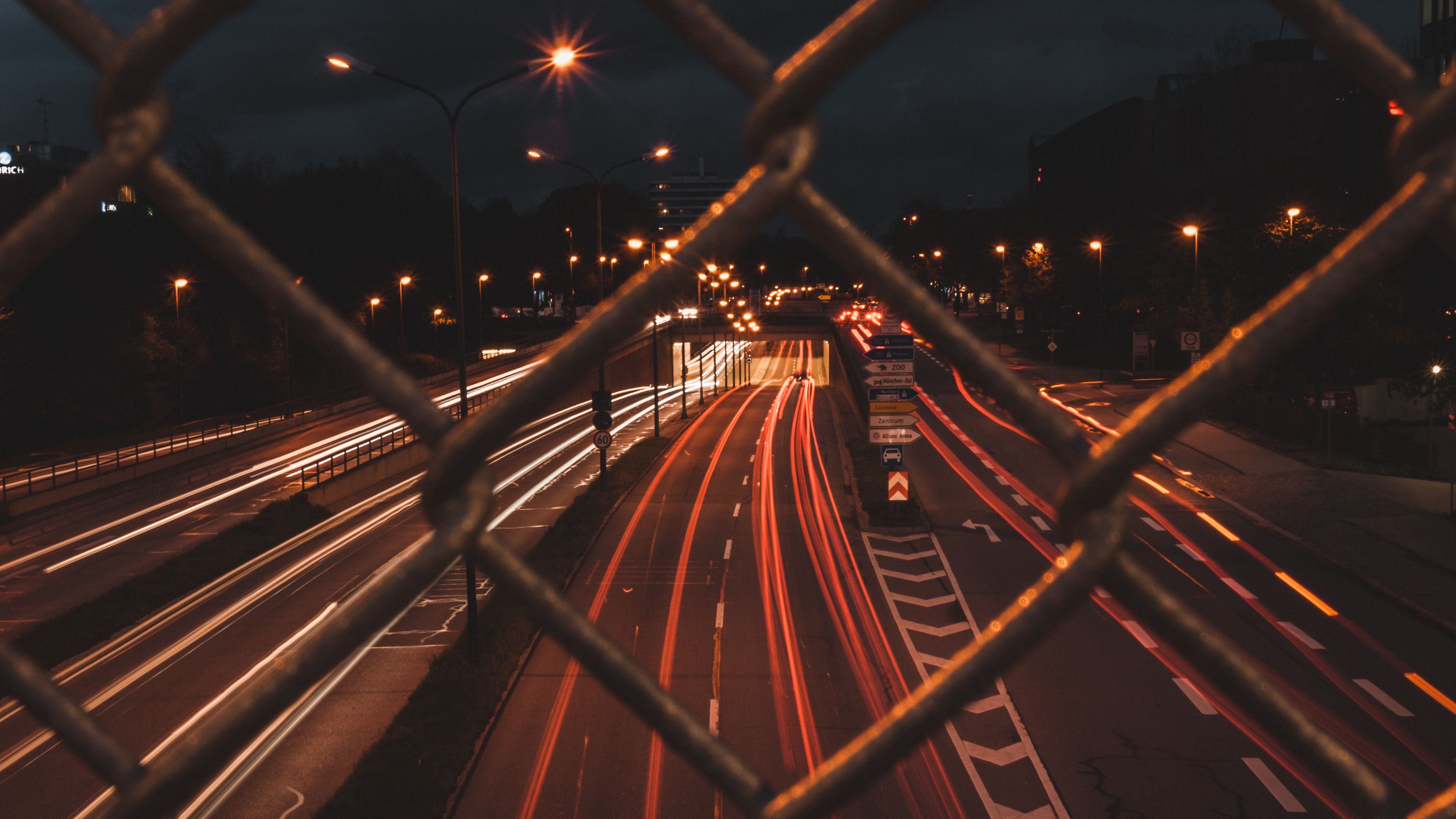 fence, mesh, road, night, 4k, HD Wallpaper