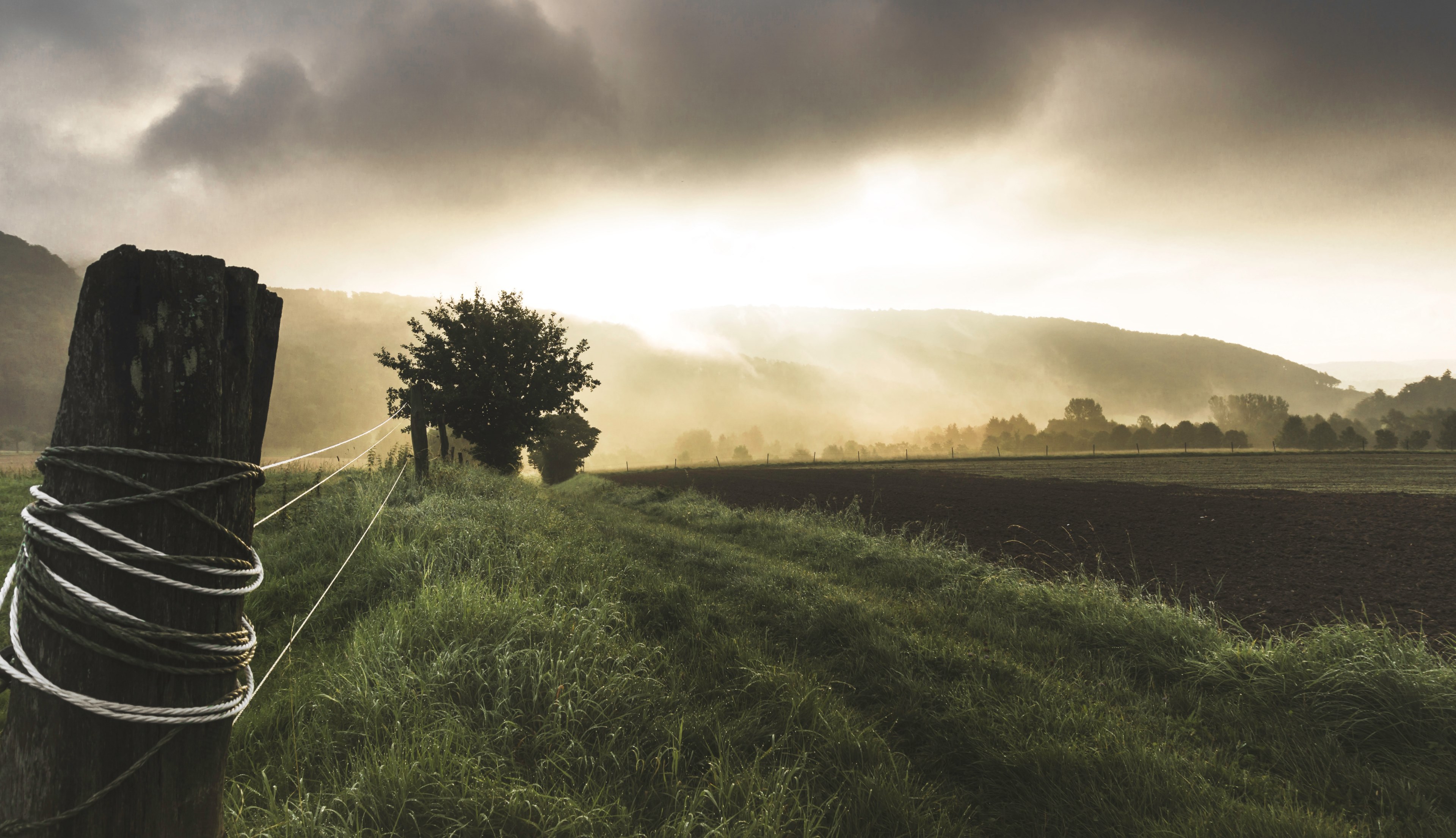 a fenced fiield with fog rolling down the hills in the background, _foggy landscape 4k, HD Wallpaper