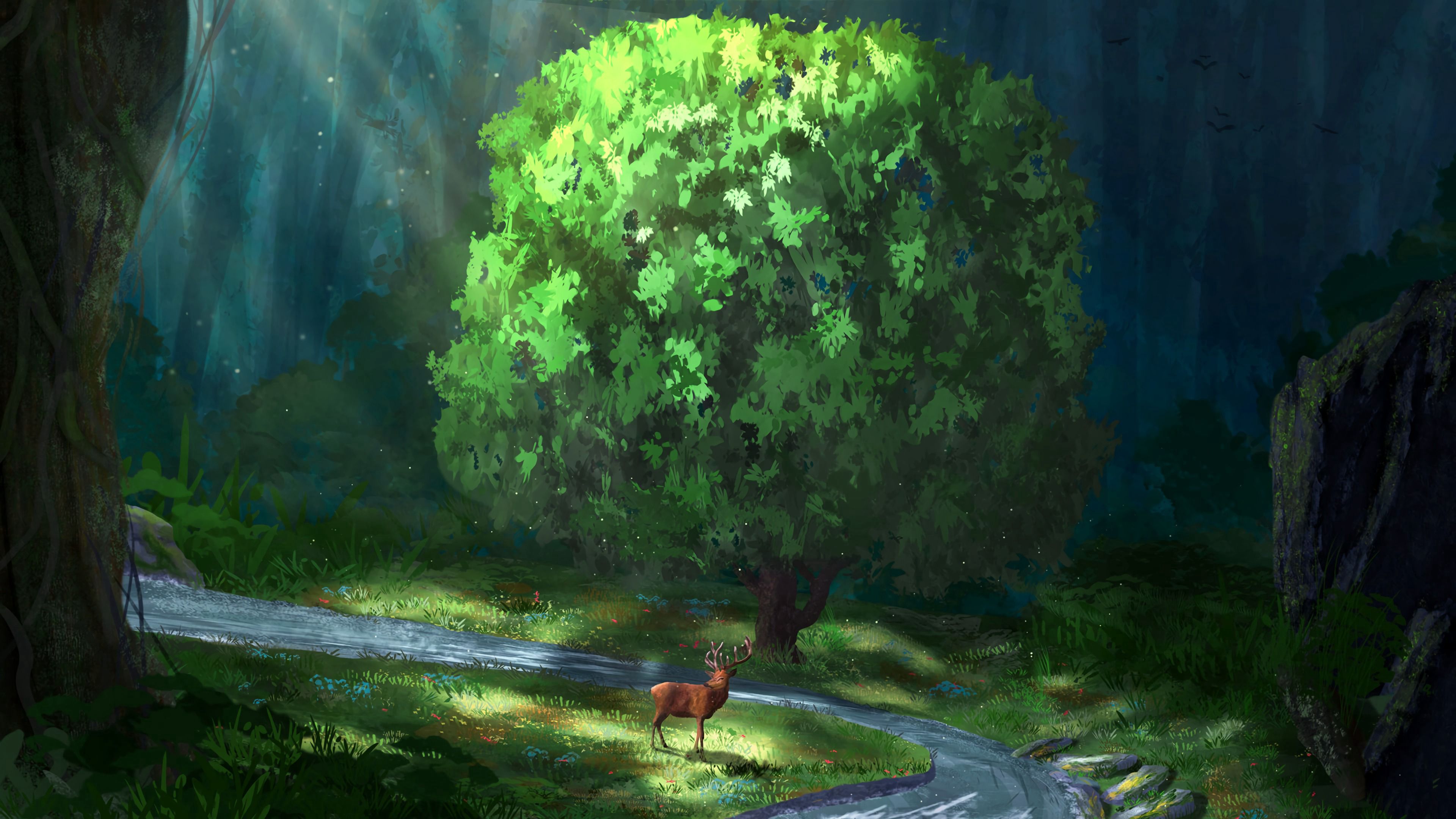 deer, river, forest, art, 4k, HD Wallpaper