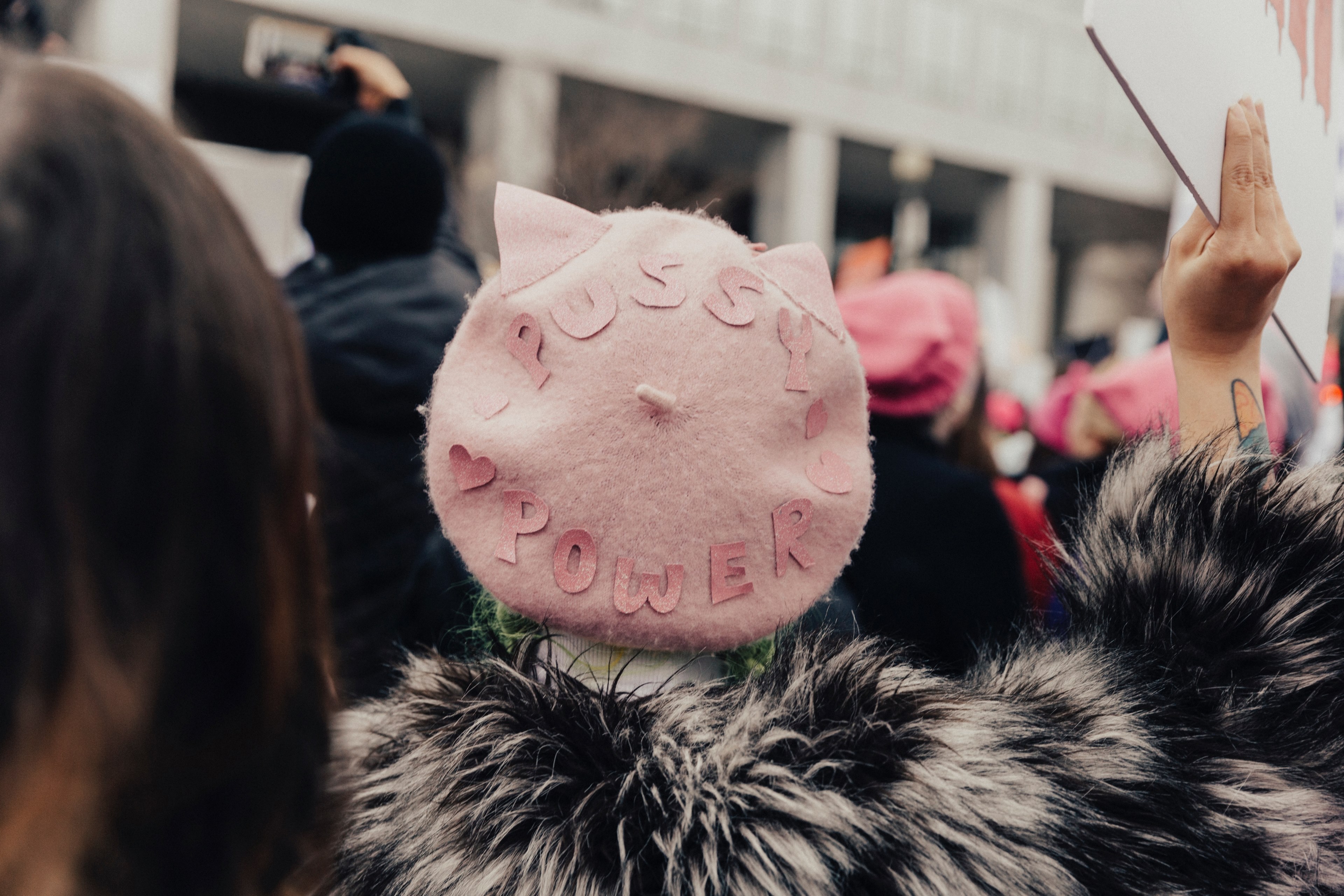 woman wearing pink quotpussy powerquot beret with cat ears at the womens march on washington, womans march 4k, HD Wallpaper