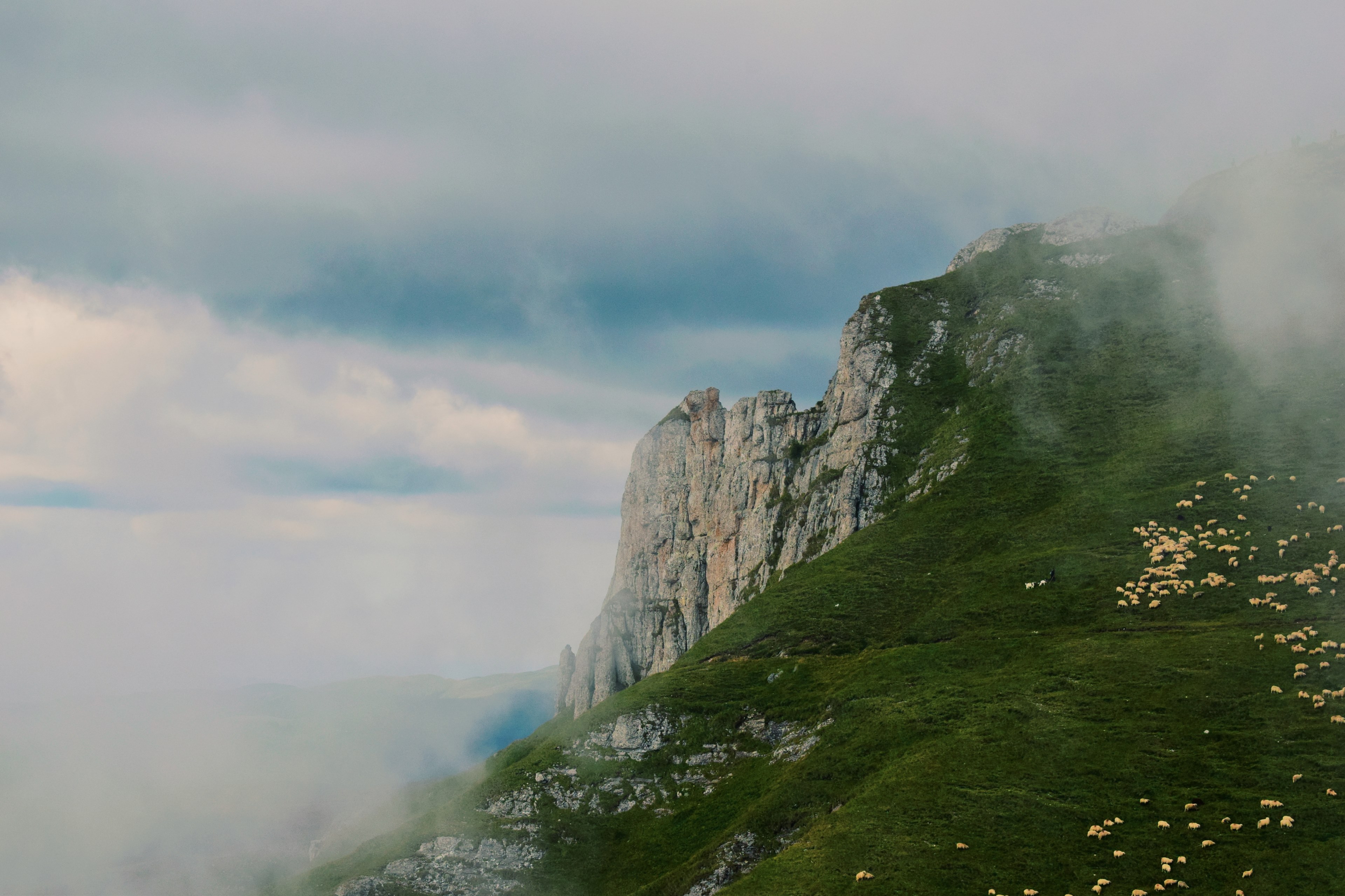 clouds cover a rocky ridge surrounded by green pastures, clouds and cliffs 4k, HD Wallpaper