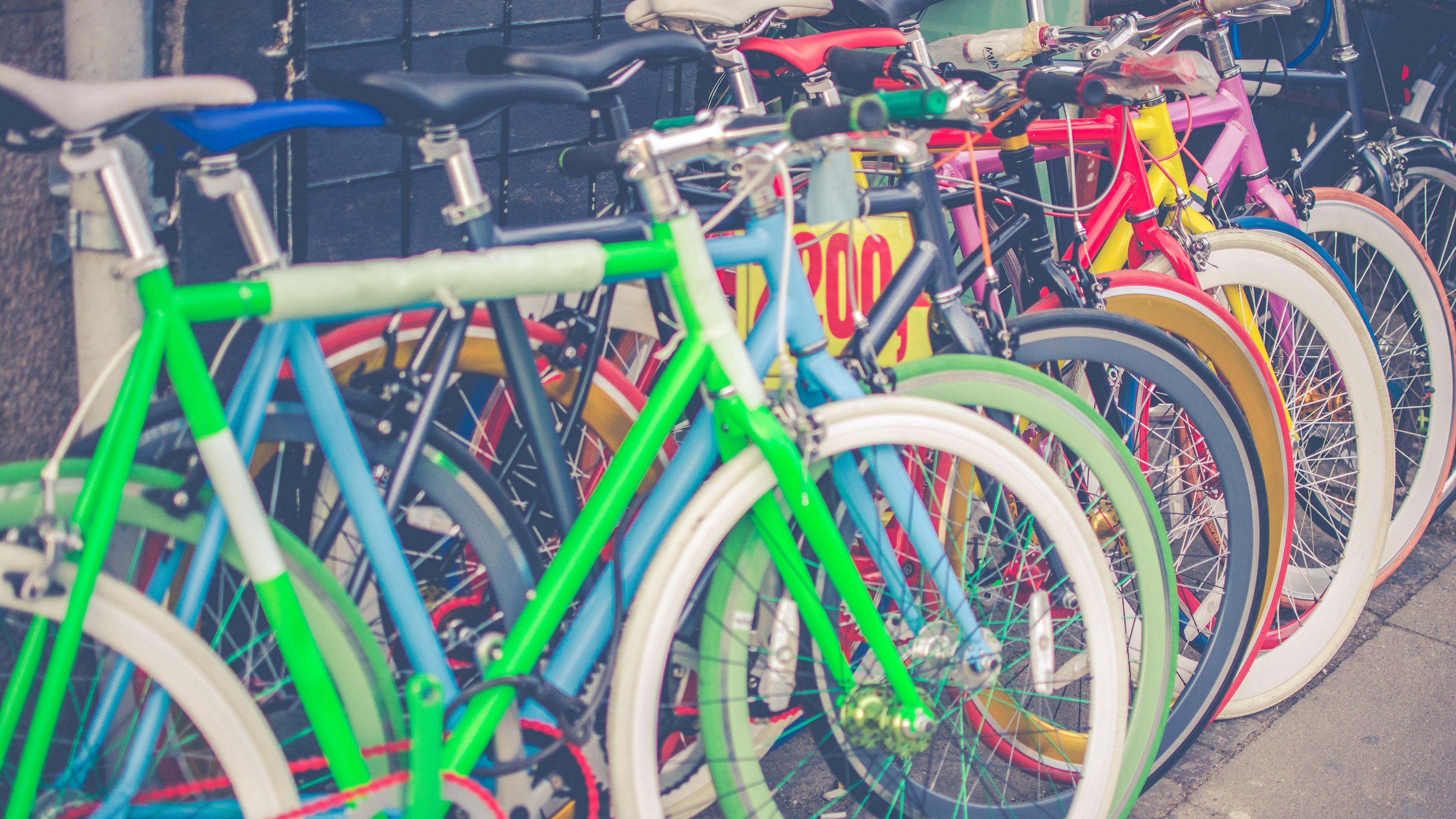 bicycles, parking, multicolored, 4k, HD Wallpaper