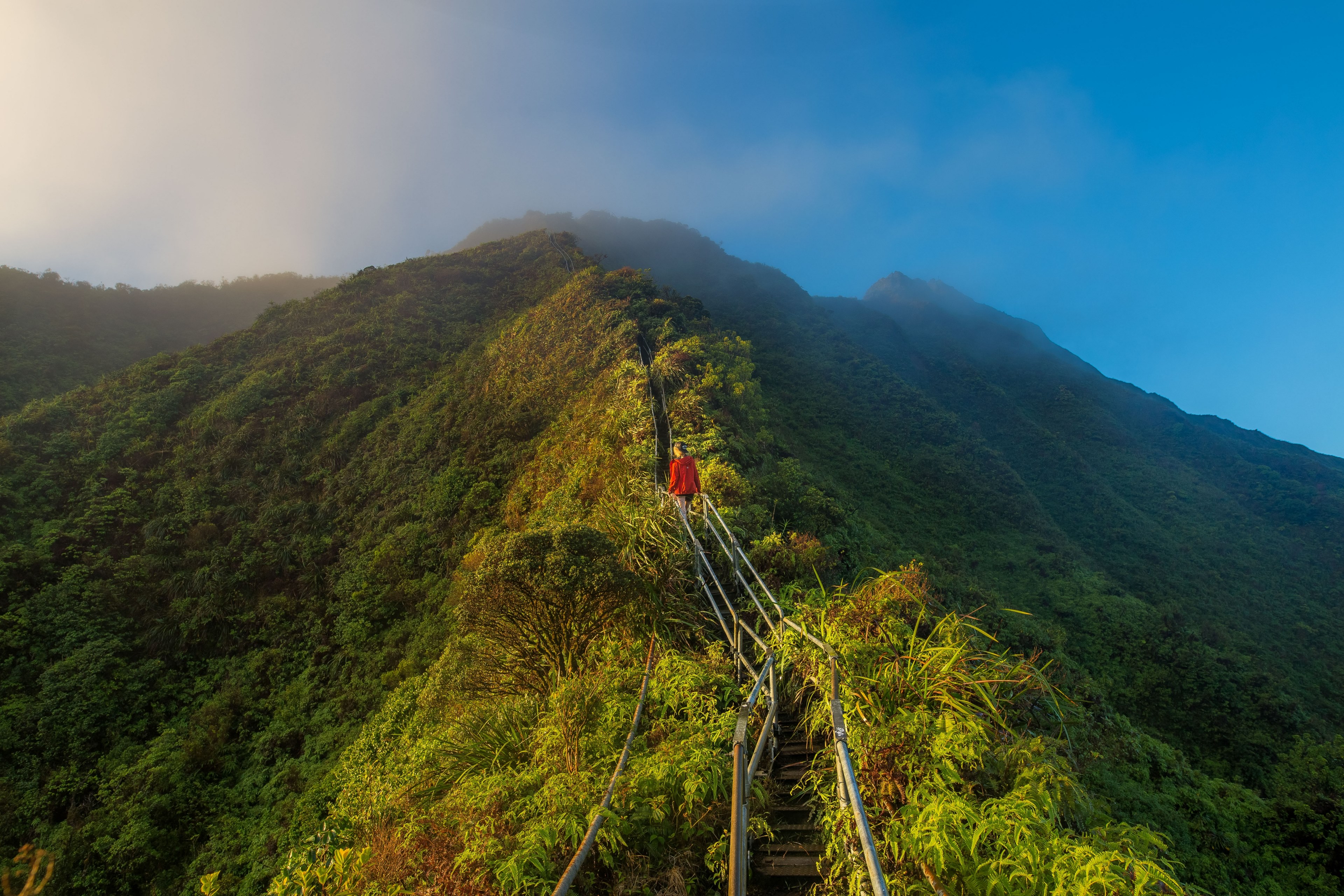 a person climbing up narrow steps along a mountain ridge, walking the haiku stairs follow kalenemsley on ig 4k, HD Wallpaper